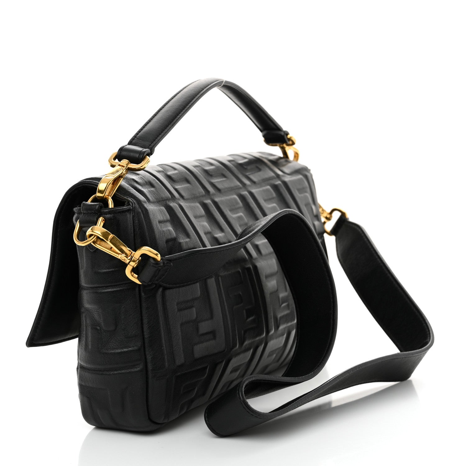 Fendi Nappa FF 1974 Embossed Large Baguette Black