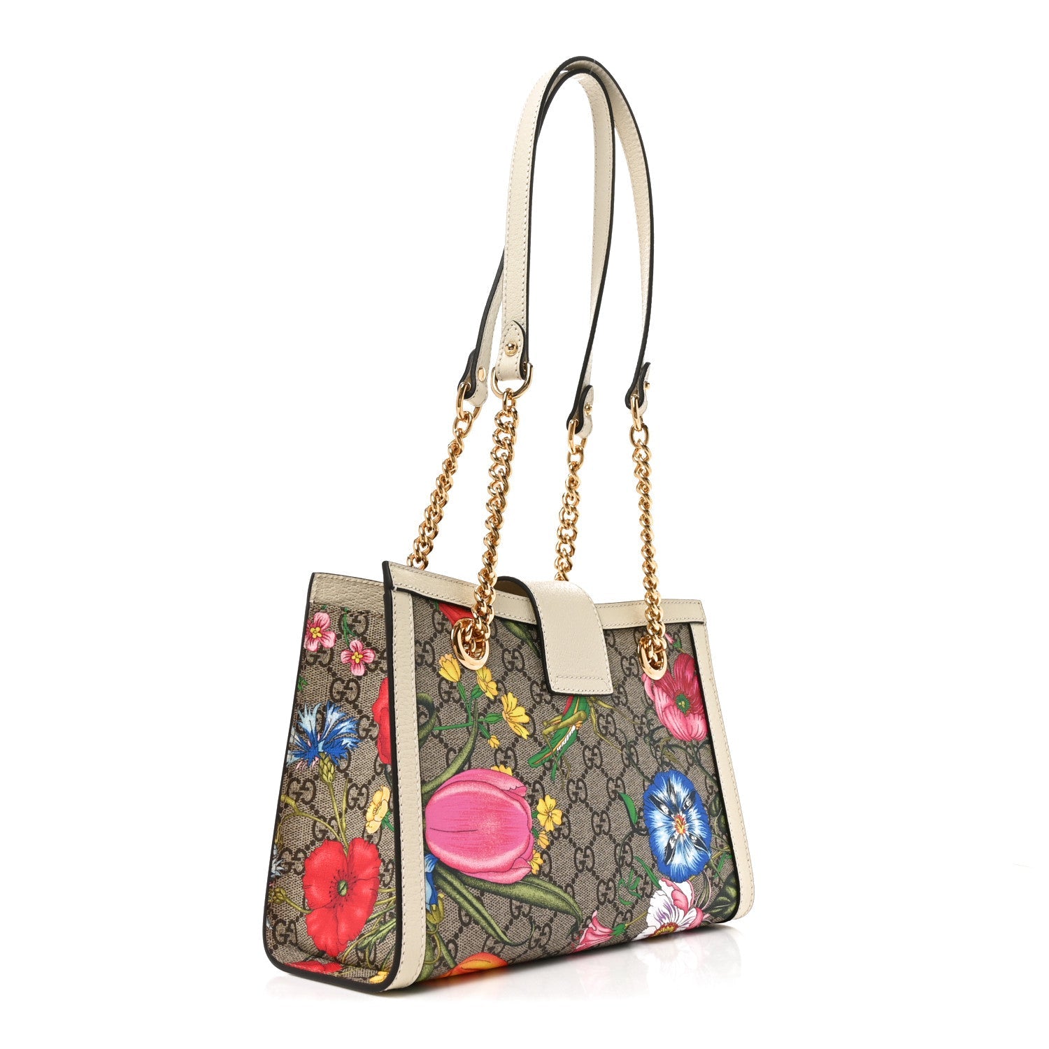 Gucci GG Supreme Monogram Flora Textured Calfskin Small Padlock Tote Beige Ebony Multicolor Mystic White