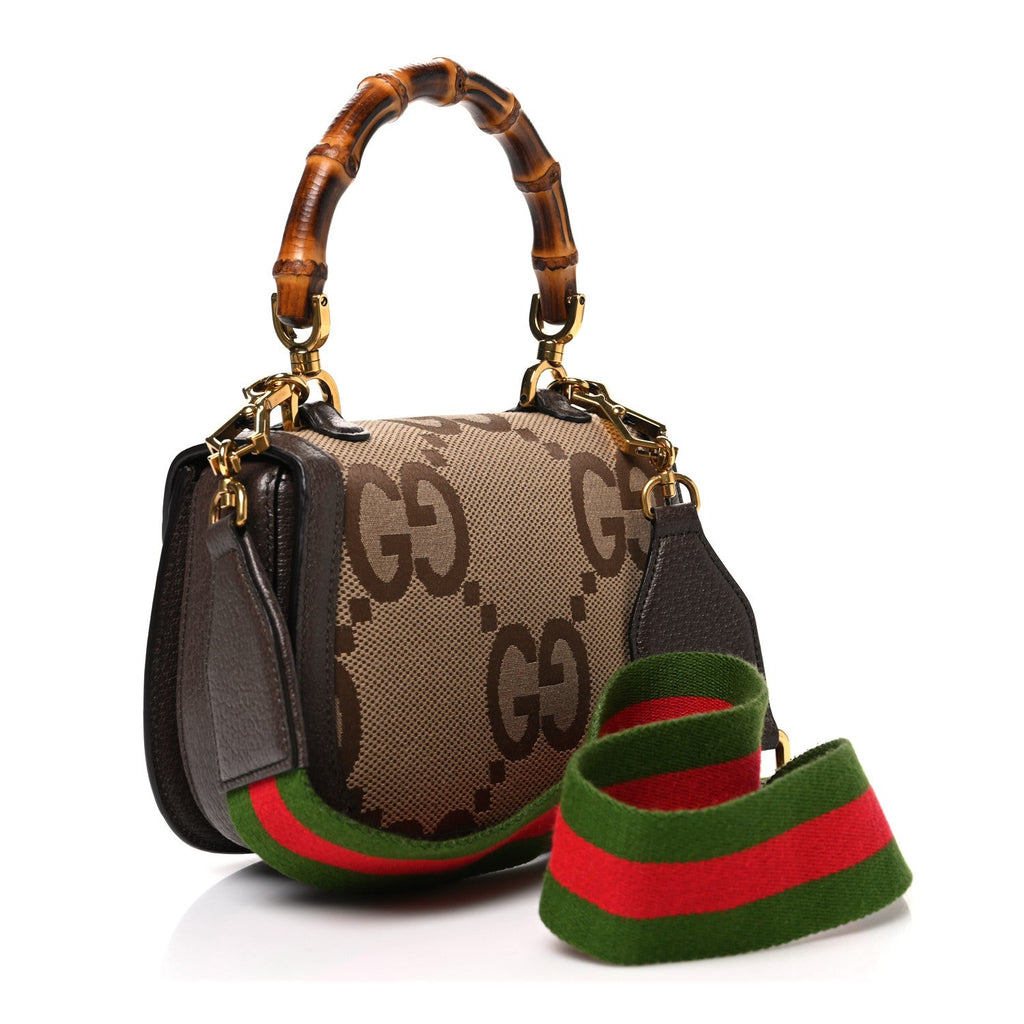 Gucci Monogram Jumbo GG Textured Dollar Calfskin Web Small Bamboo 1947 Top Handle Bag Camel Ebony New Acero