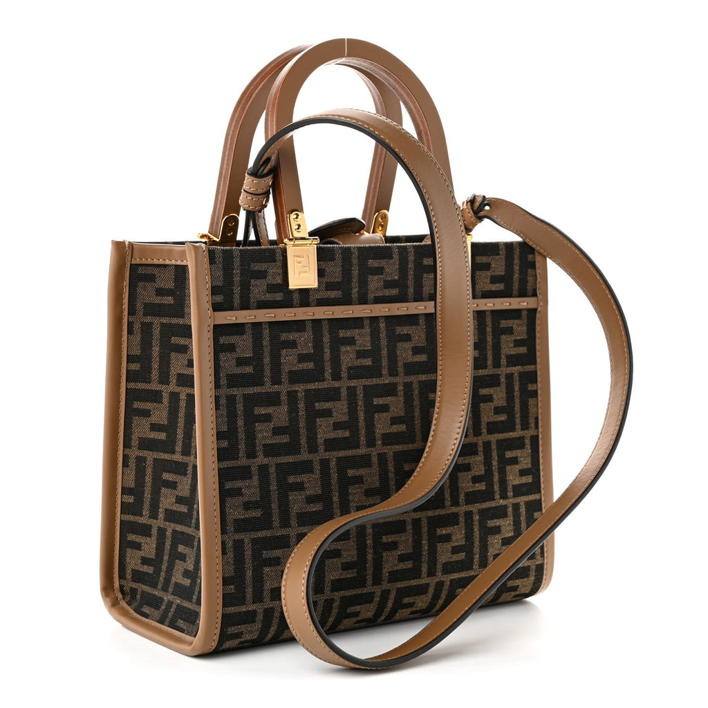 Fendi Fabric Jacquard FF 1974 Logo Small Fendi Sunshine Shopper Tote Tobacco Moro Sand