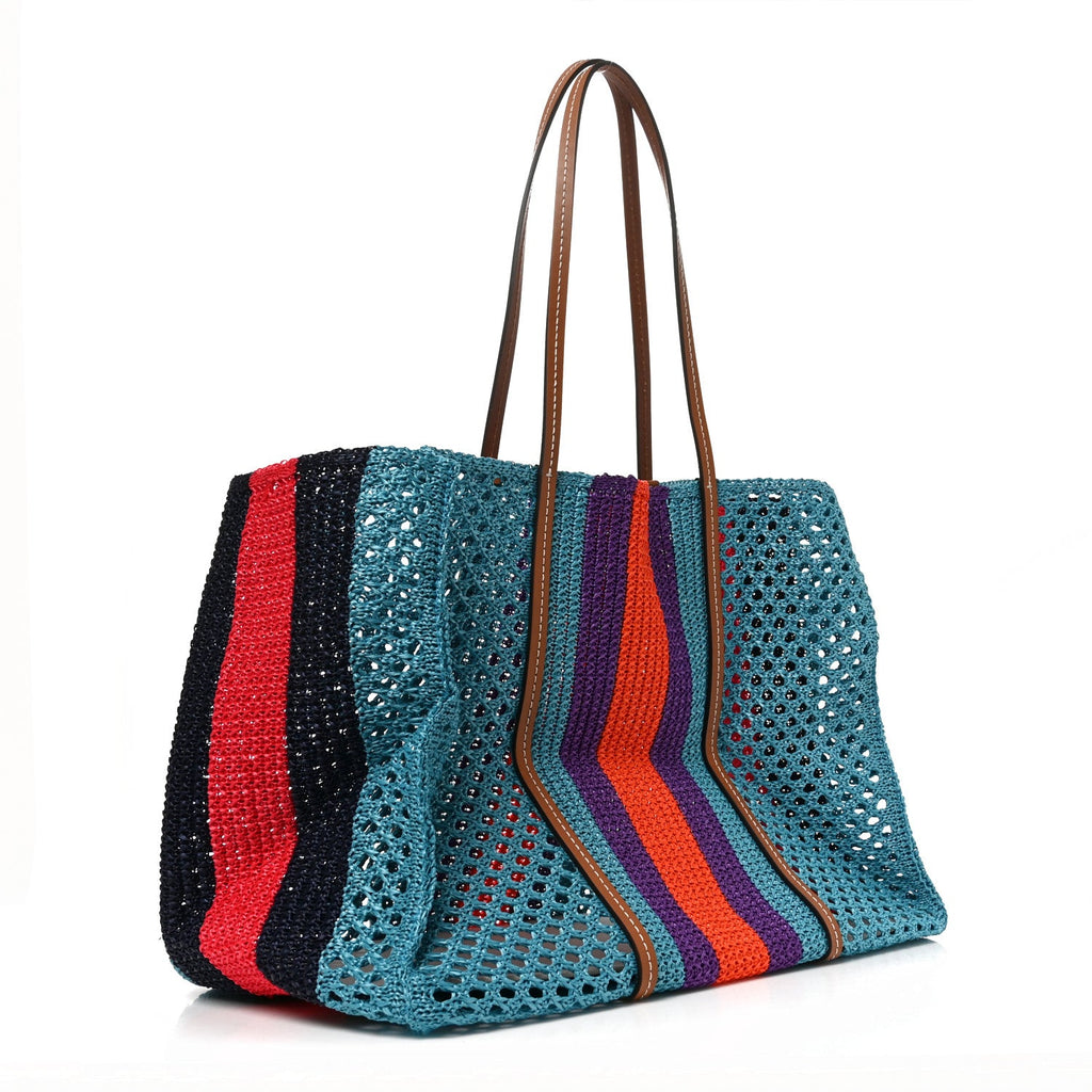 Gucci Raffia Web Woven Interlocking G Tote Blue Multicolor