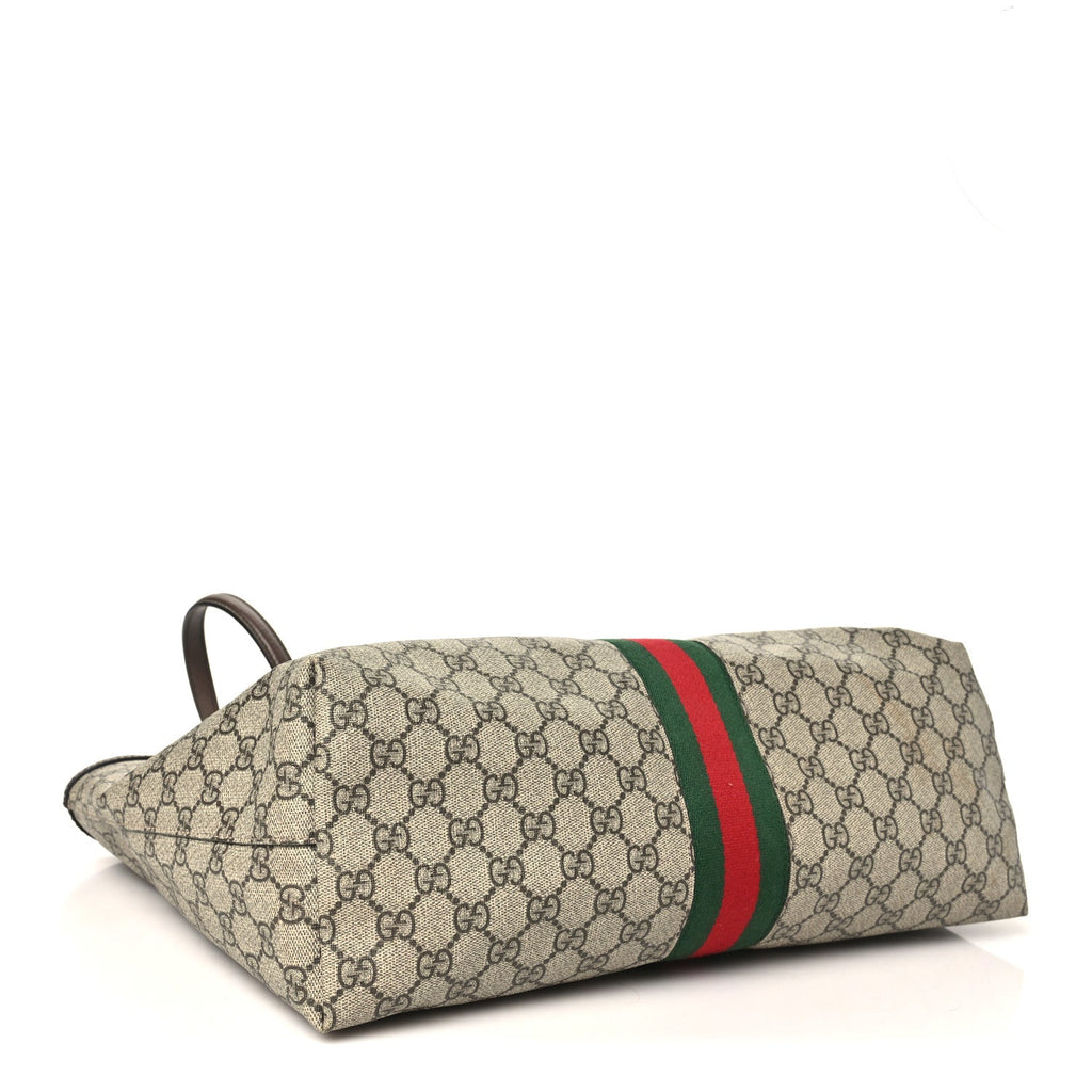 Gucci GG Supreme Monogram Textured Calfskin Web Medium Ophidia Shopping Tote Beige Ebony New Acero