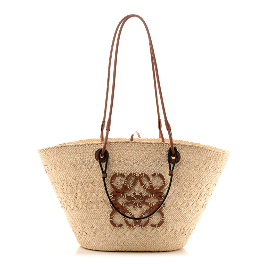 Loewe Calfskin Raffia Paulas Ibiza Medium Anagram Basket Tote Bag Natural Tan