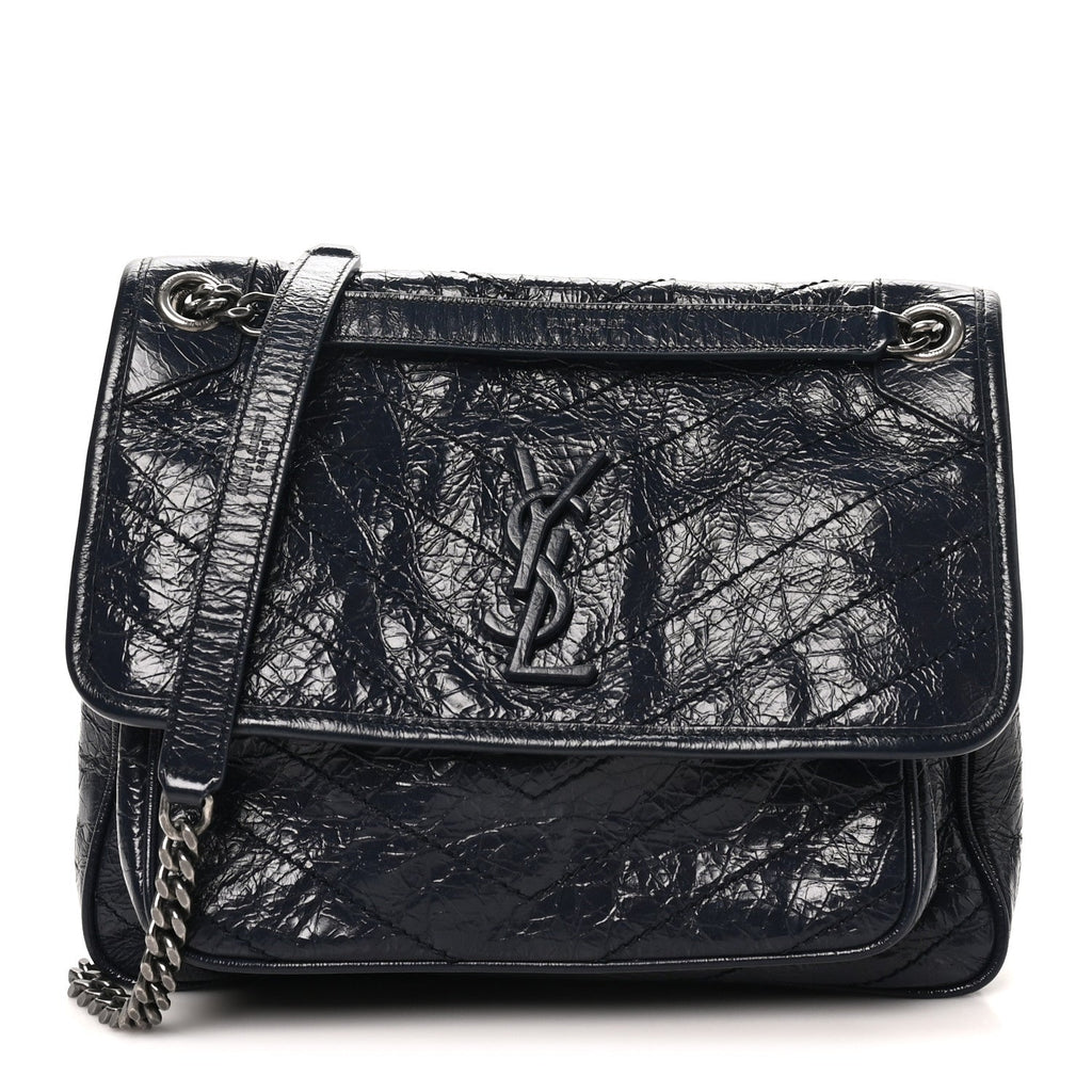 Saint Laurent Crinkled Calfskin Matelasse Monogram Medium Niki Chain Satchel Deep Marine