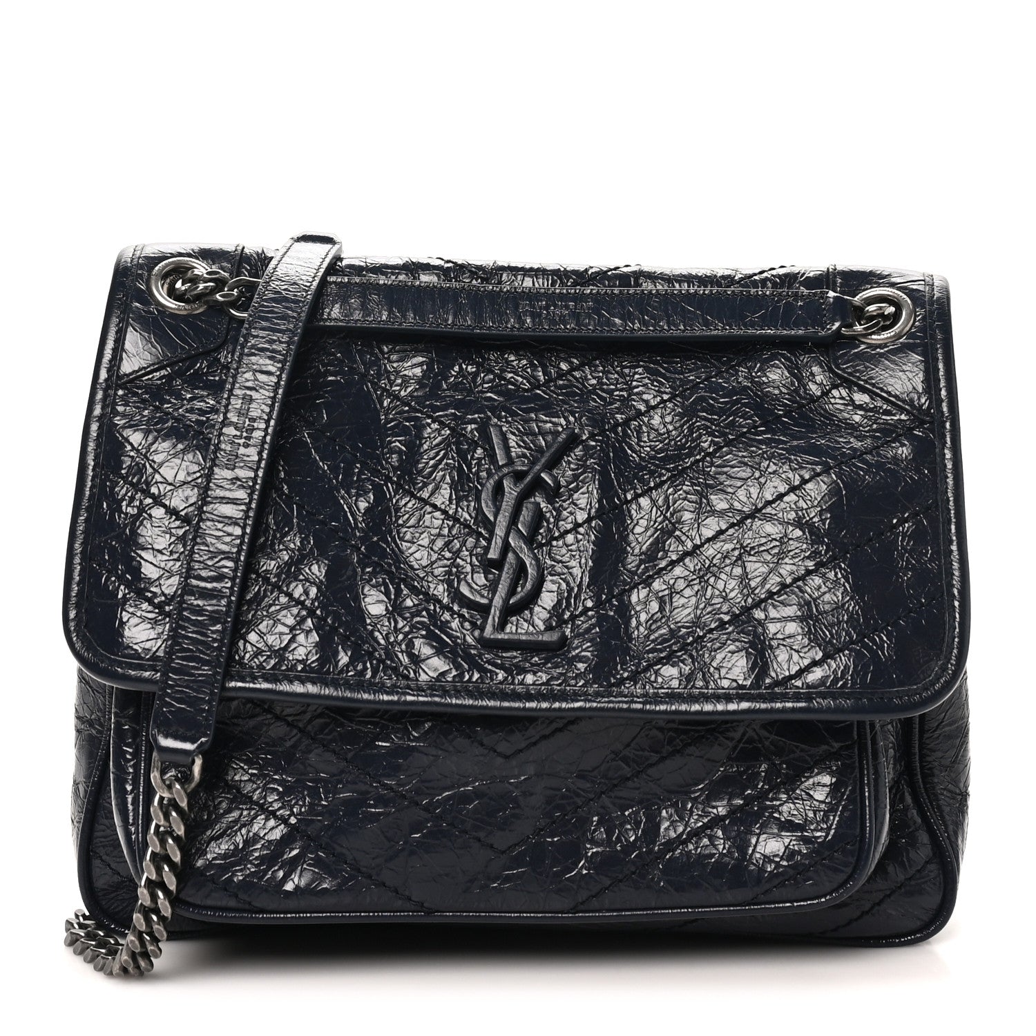 Saint Laurent Crinkled Calfskin Matelasse Monogram Medium Niki Chain Satchel Deep Marine