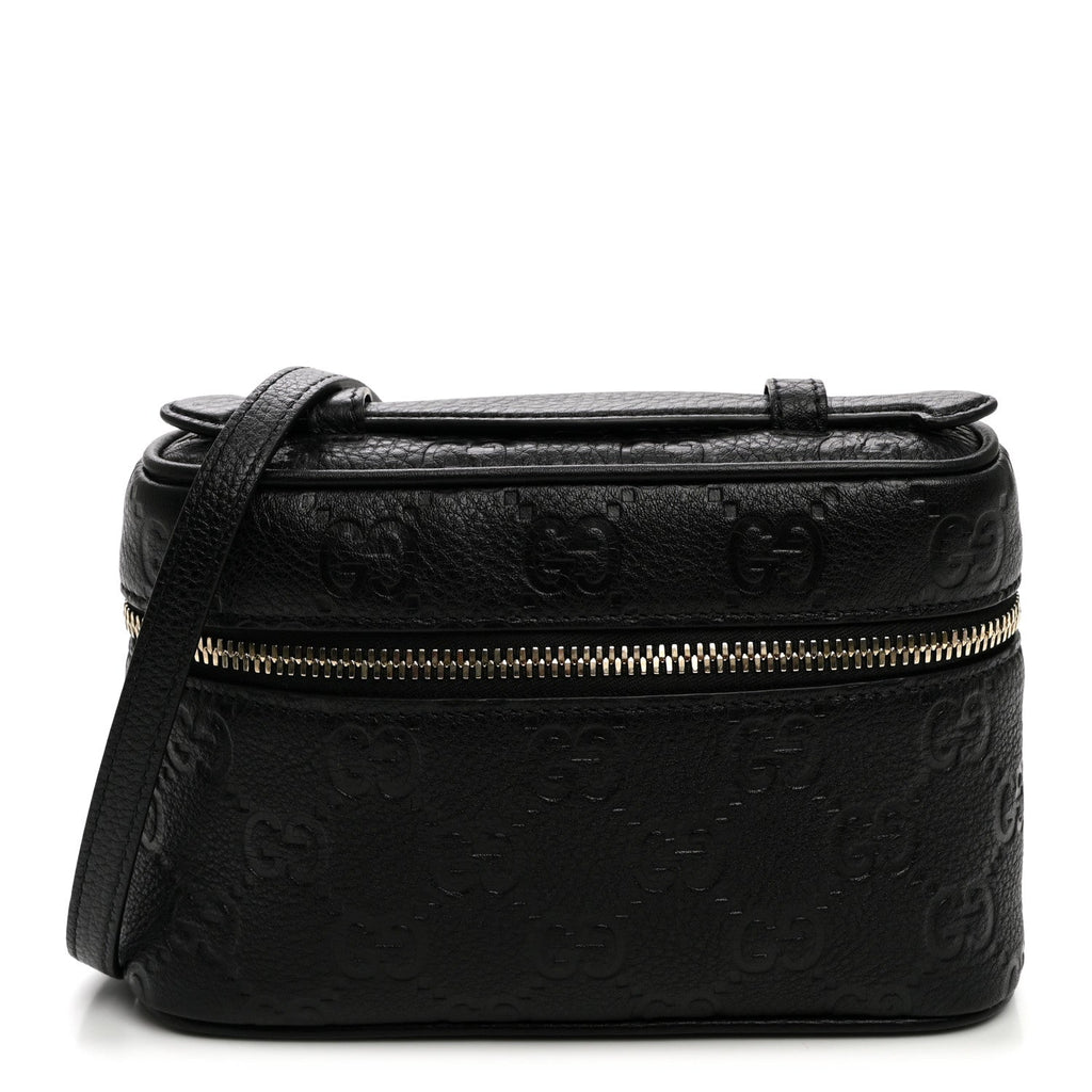 Gucci GG Calfskin Embossed Emblem Super MIni Crossbody Bag Black