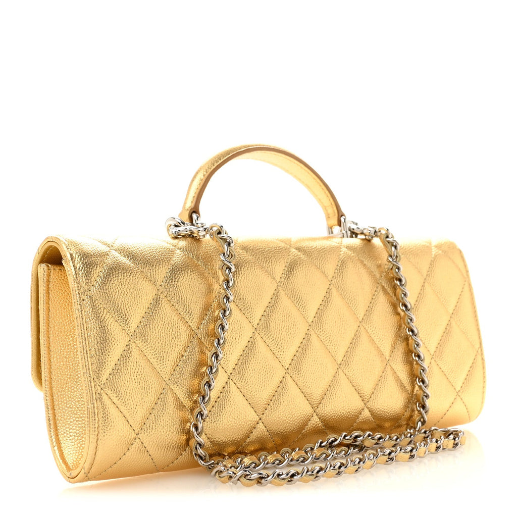Chanel Metallic Caviar Quilted Top Handle Long Clutch With Chain Gold