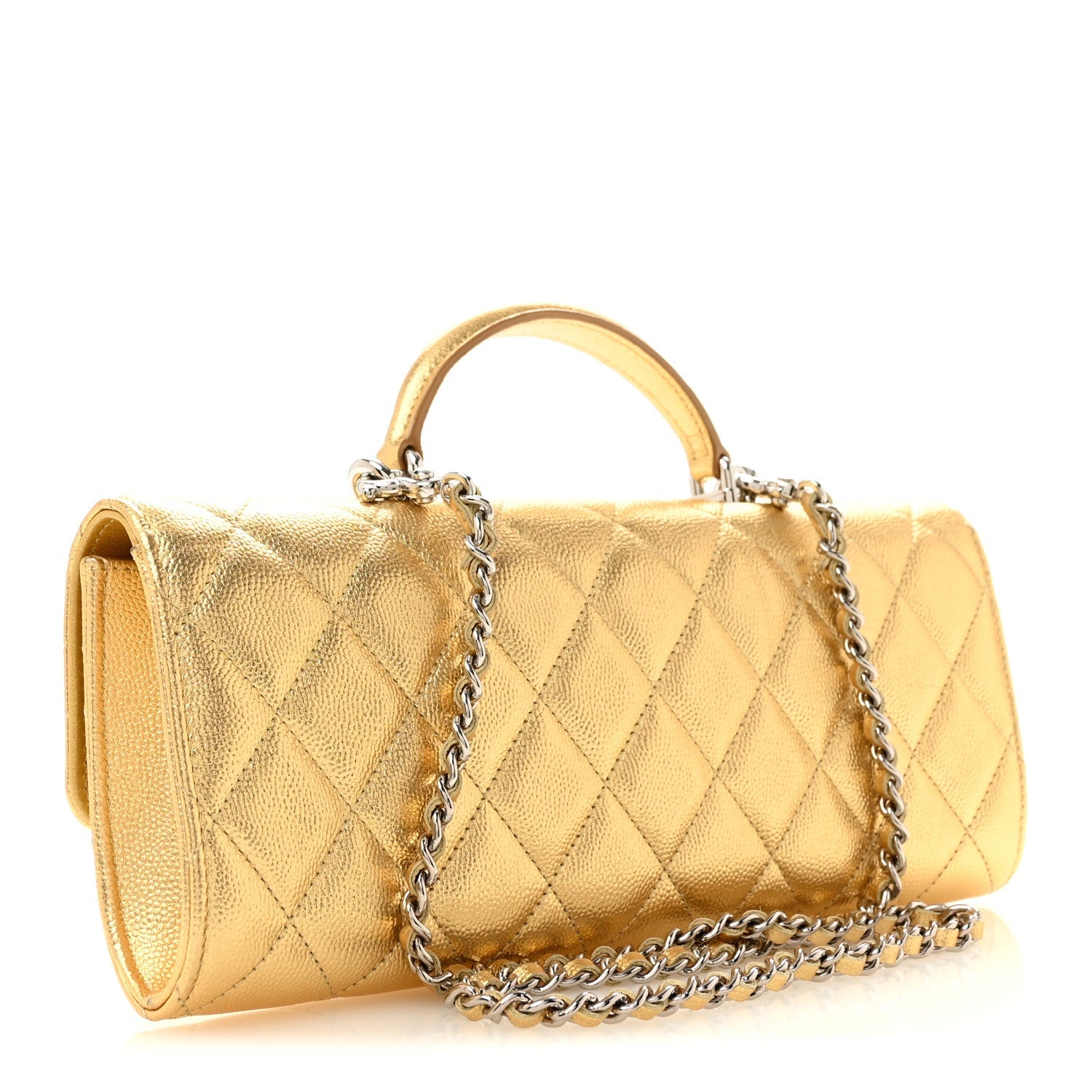 Chanel Metallic Caviar Quilted Top Handle Long Clutch With Chain Gold