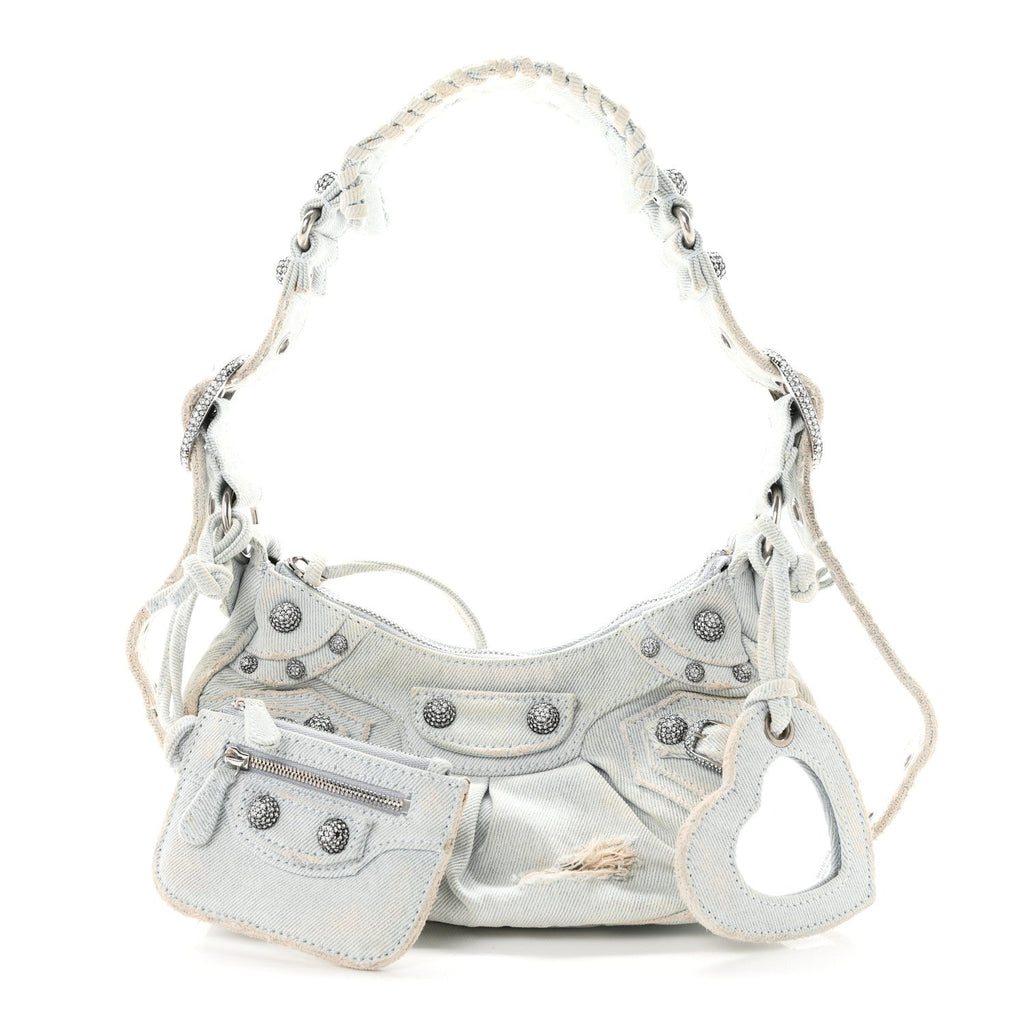 Balenciaga Washed Frayed Denim Crystal XS Le Cagole Shoulder Bag Pale Blue
