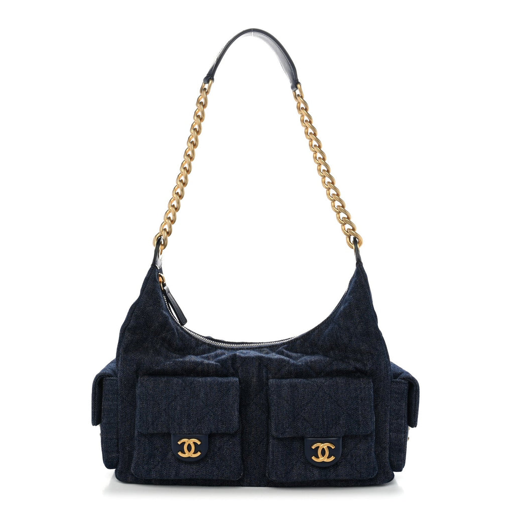 Chanel Washed Denim Quilted Maxi Trendy Pockets Hobo Dark Blue