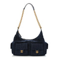 Chanel Washed Denim Quilted Maxi Trendy Pockets Hobo Dark Blue