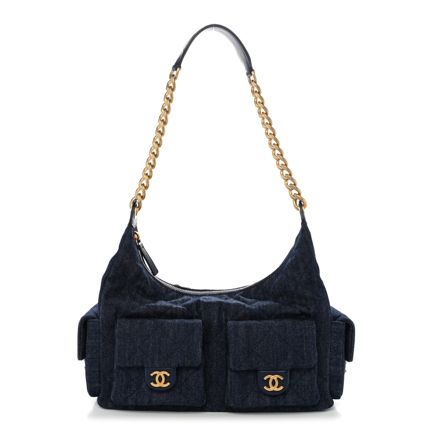 Chanel Washed Denim Quilted Maxi Trendy Pockets Hobo Dark Blue