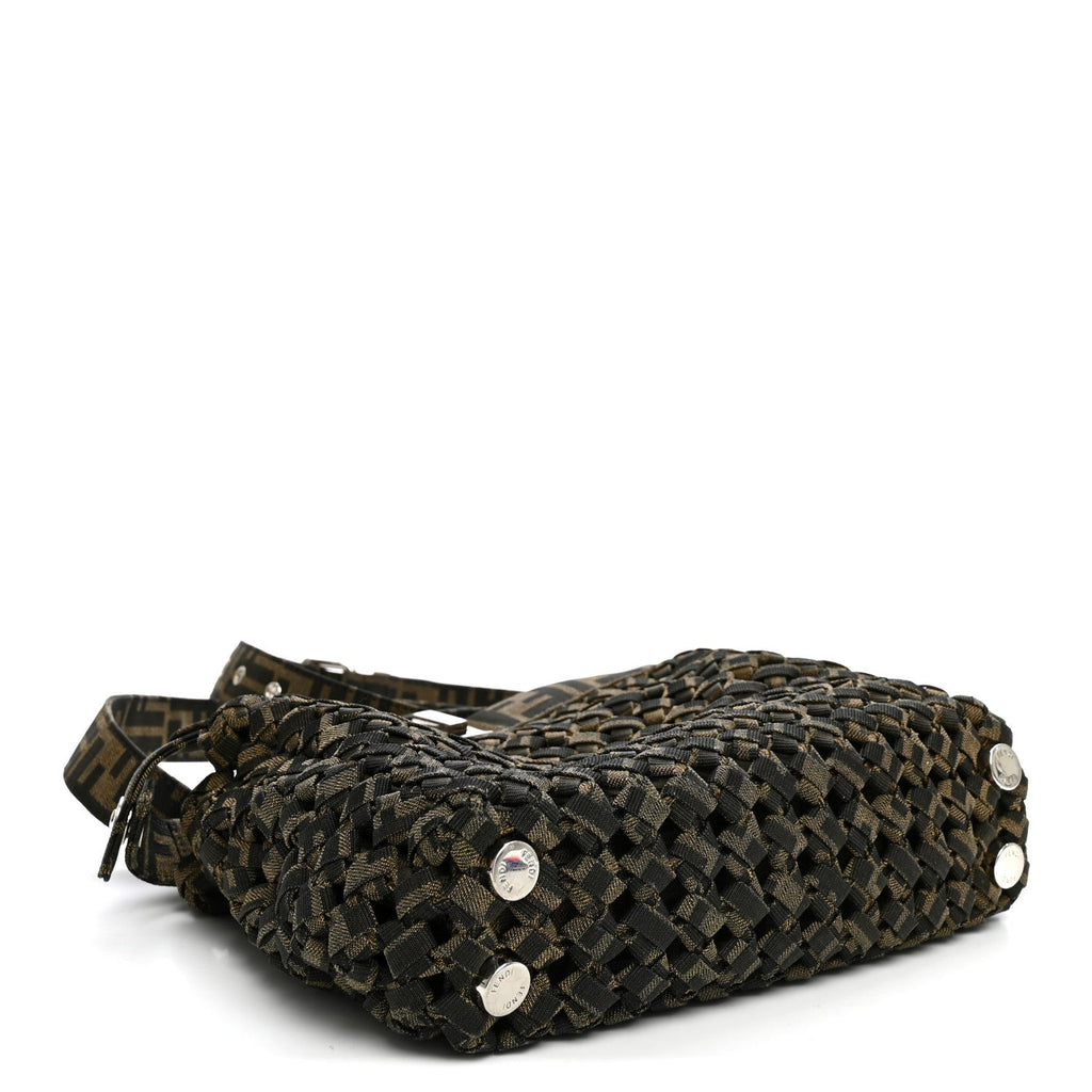 Fendi Fabric Jacquard FF 1974 Woven Knotted Mini Peekaboo I SEE U Satchel Tobacco Moro