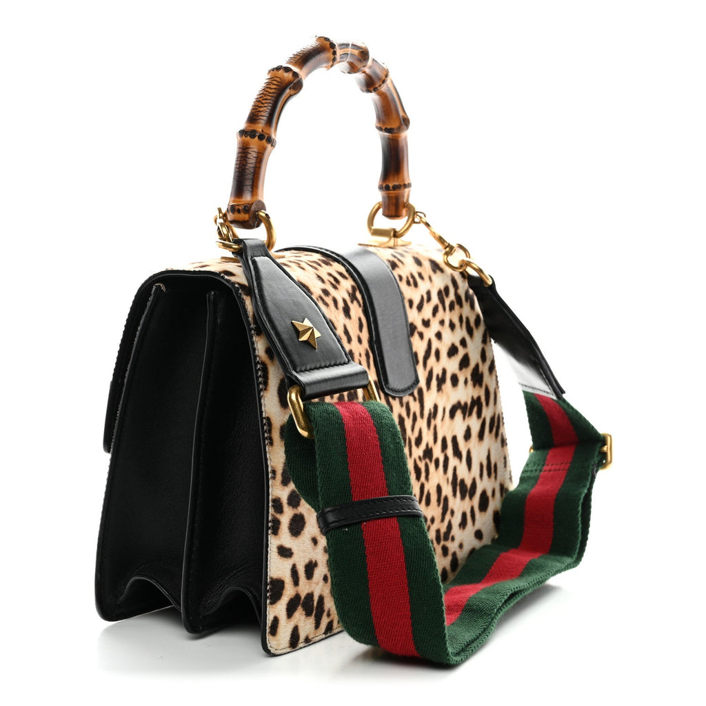 Gucci Calf Hair Calfskin Bamboo Web Leopard Print Medium Dionysus Top Handle Bag Natural Blue Agata Hibiscus Red