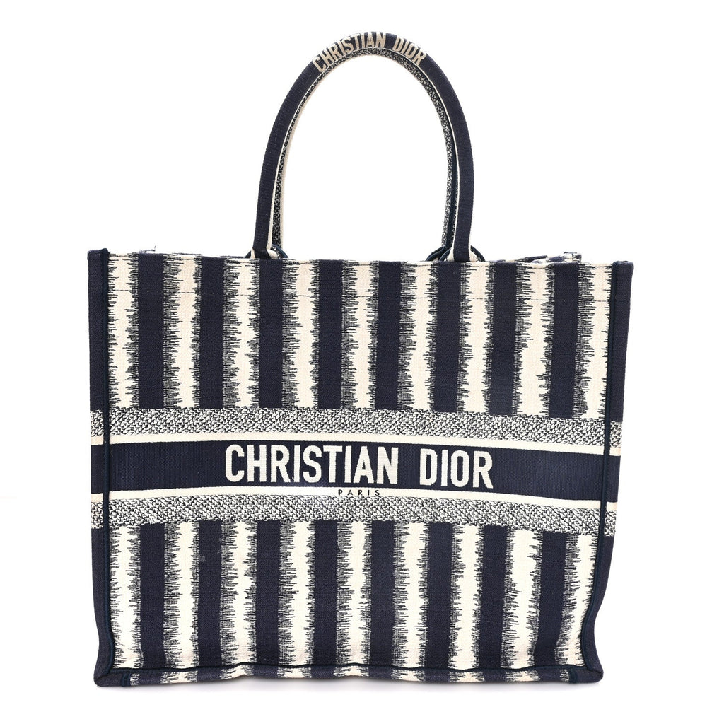 Dior Canvas Embroidered Large Striped Book Tote Navy