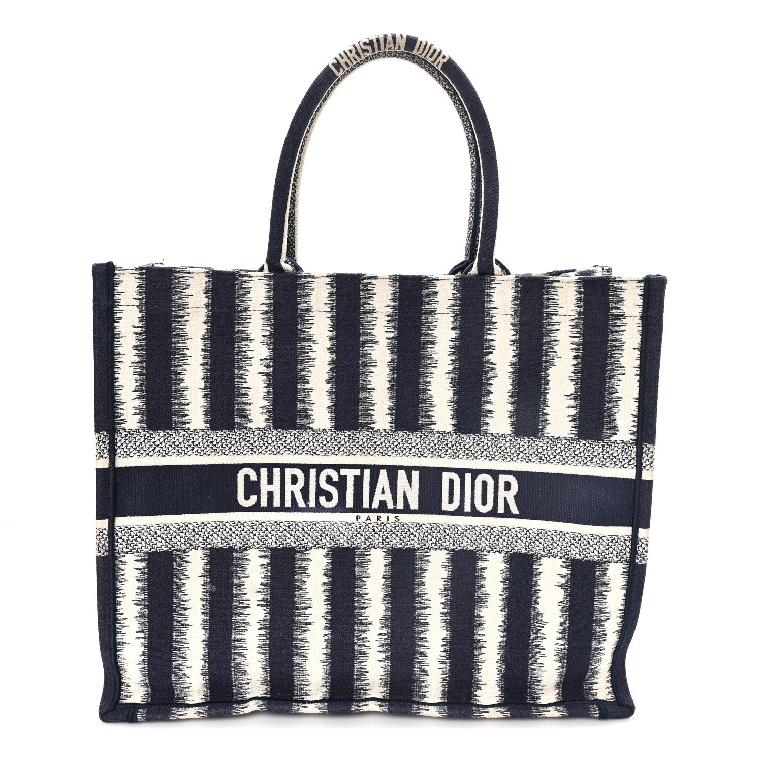 Dior Canvas Embroidered Large Striped Book Tote Navy