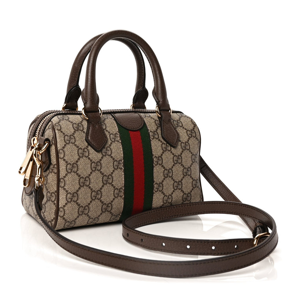 Gucci GG Supreme Monogram Textured Dollar Calfskin Web Mini Ophidia Top Handle Bag Beige Ebony New Acero
