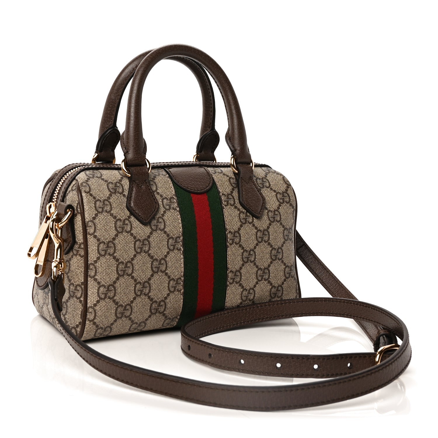 Gucci GG Supreme Monogram Textured Dollar Calfskin Web Mini Ophidia Top Handle Bag Beige Ebony New Acero