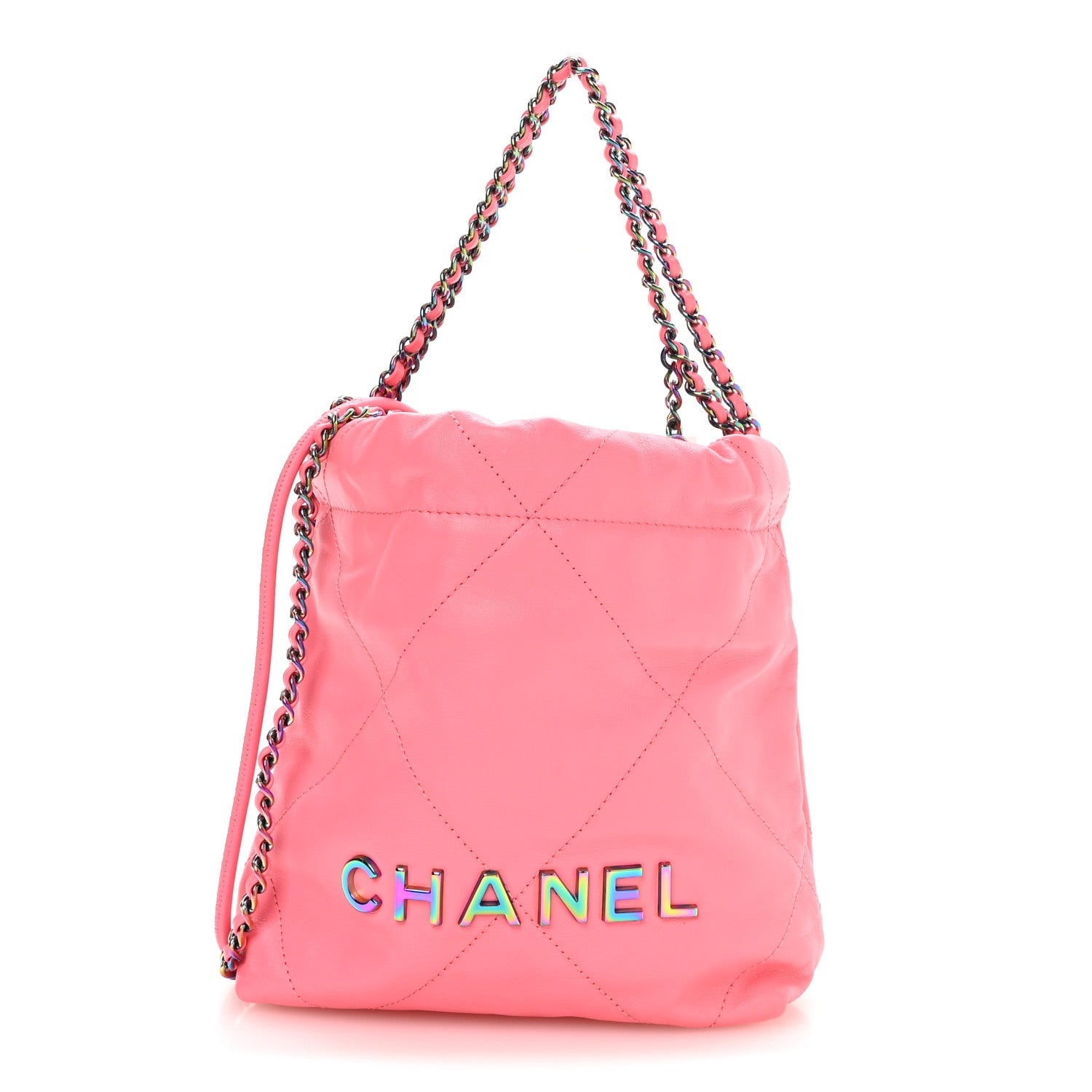 Chanel Shiny Calfskin Quilted Rainbow Metal Mini Chanel 22 Coral Pink