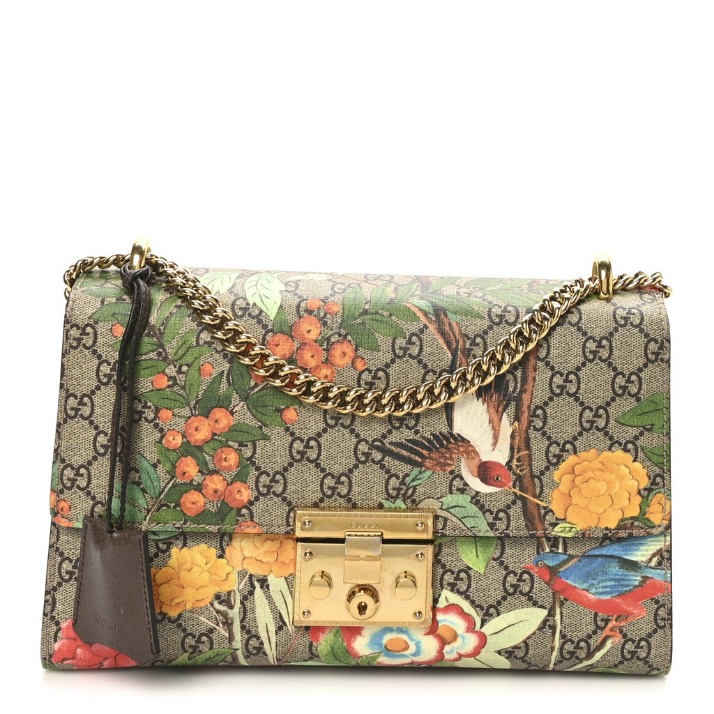 Gucci GG Supreme Monogram Tian Medium Padlock Shoulder Bag Beige Multicolor New Acero