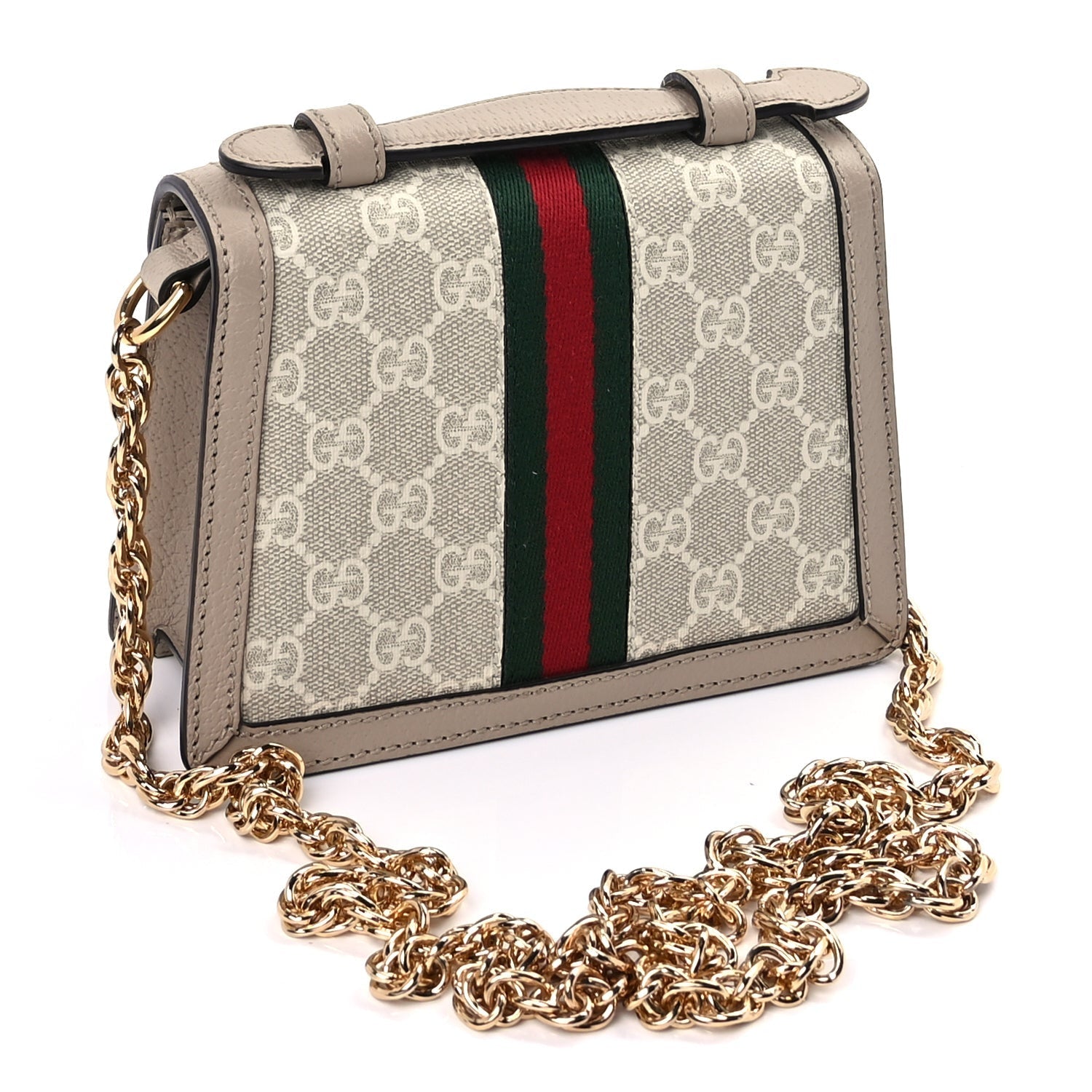 Gucci GG Supreme Monogram Textured Dollar Calfskin Web Mini Ophidia Padlock Top Handle Chain Shoulder Bag Beige Mystic White Oatmeal