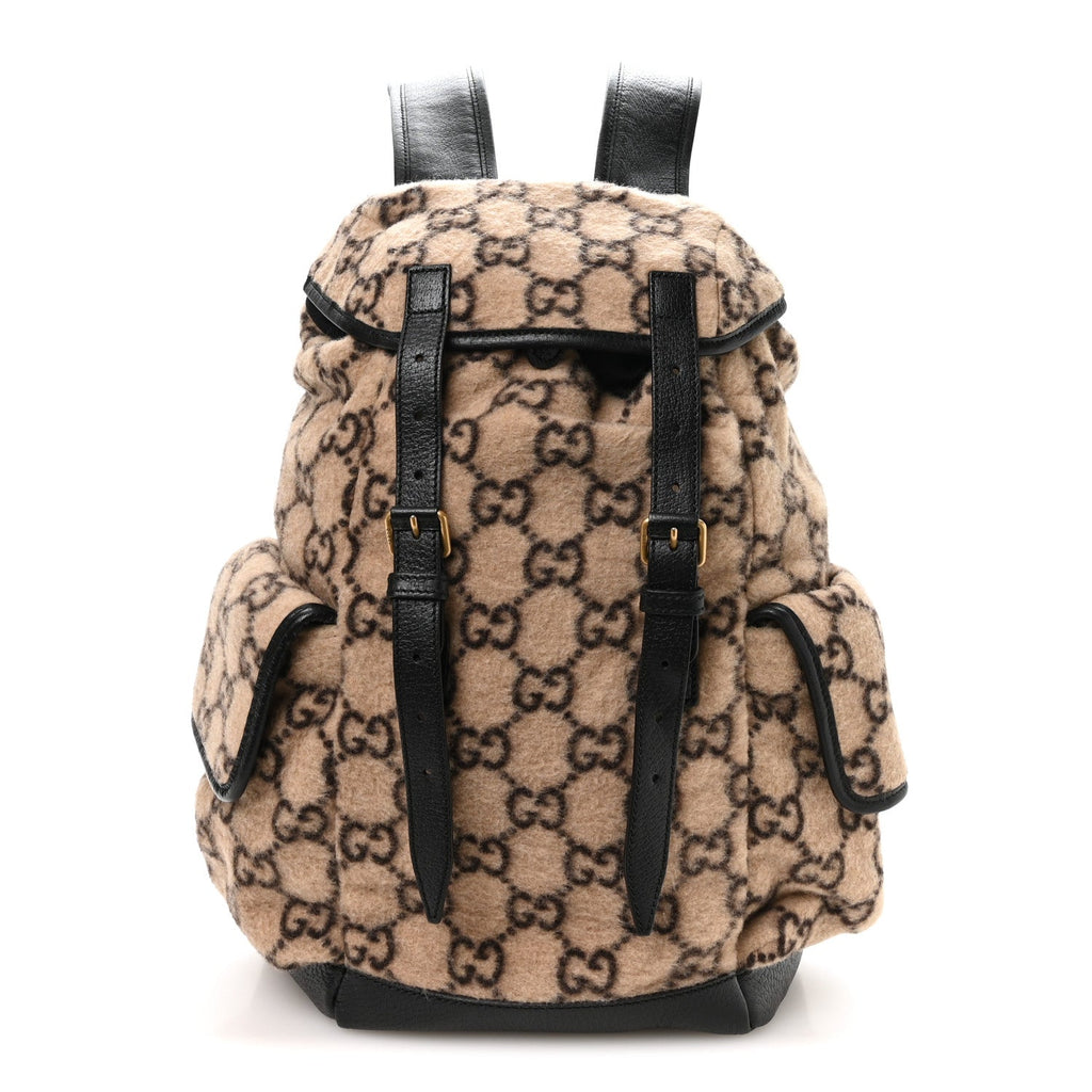 Gucci Covered Wool GG Monogram Small Double Buckle Backpack Beige Ebony Black