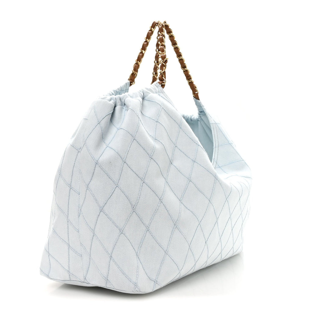 Chanel Denim Calfskin Quilted Coco Beach Small Shopping Tote Light Blue Brown