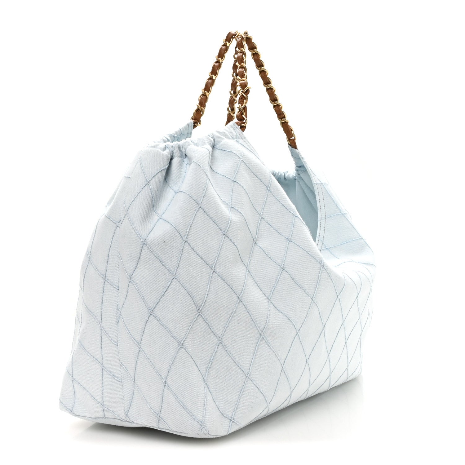 Chanel Denim Calfskin Quilted Coco Beach Small Shopping Tote Light Blue Brown