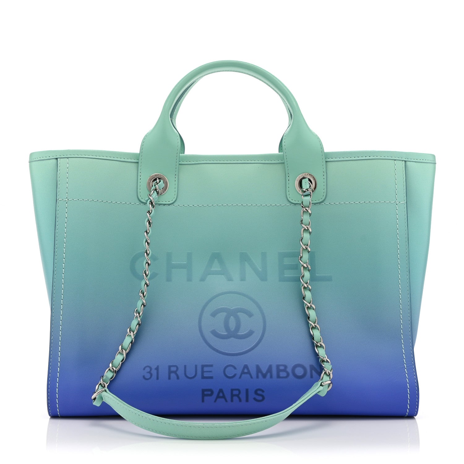 Chanel Shaded Calfskin Medium Deauville Tote Light Green Turquoise Purple