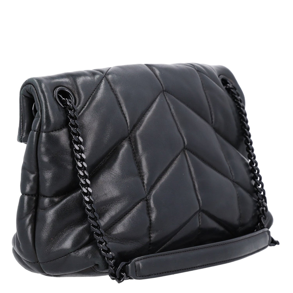 Saint Laurent Lambskin Quilted Monogram Monochrome Small Loulou Puffer Chain Satchel Black