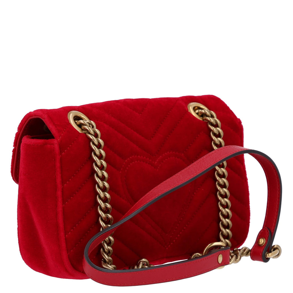 Gucci Velvet Matelasse Mini GG Marmont Shoulder Bag Hibiscus Red