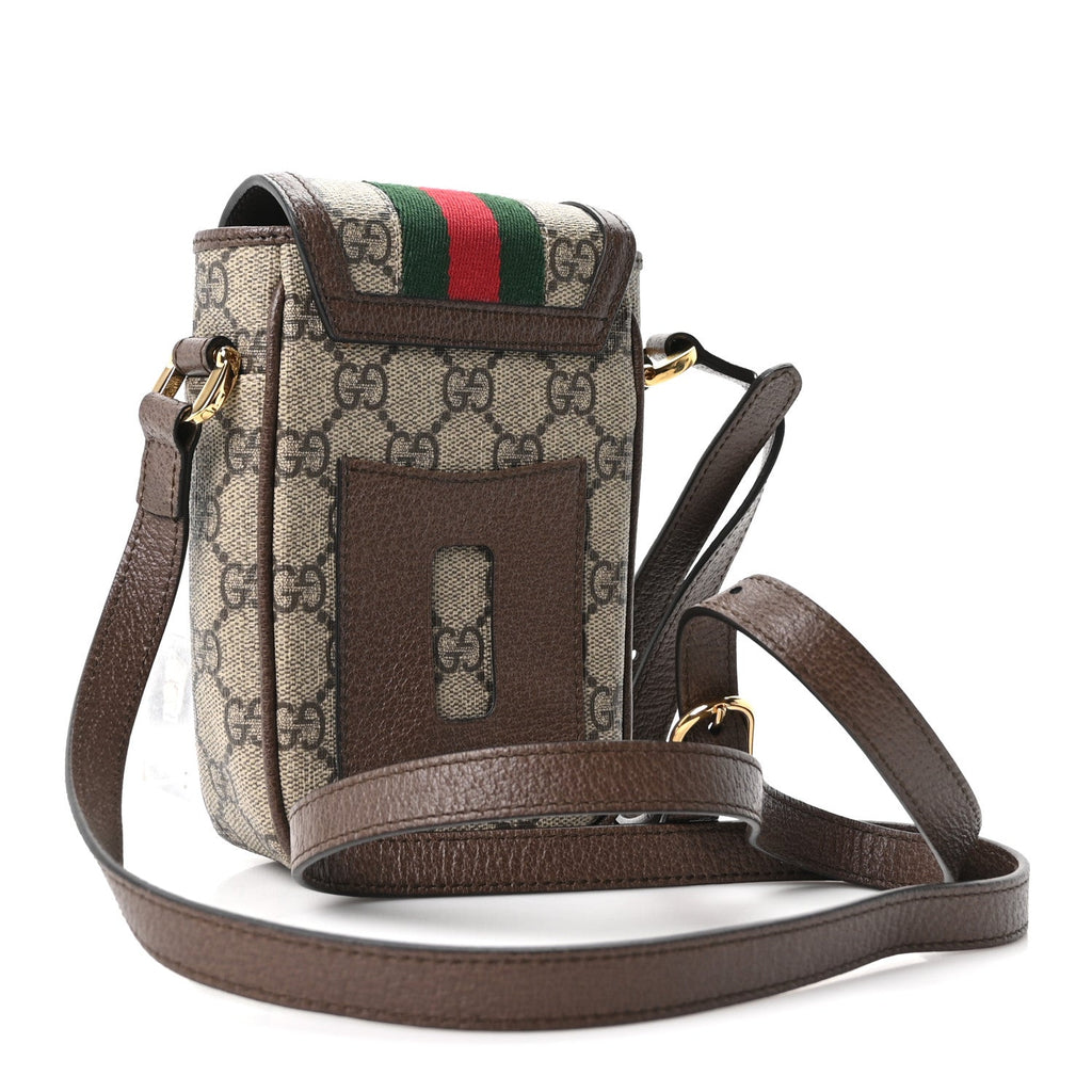 Gucci GG Supreme Monogram Web Ophidia Phone Crossbody Bag Beige New Acero