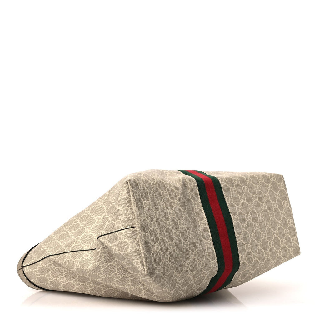Gucci GG Supreme Monogram Textured Dollar Calfskin Web Medium Ophidia Shopping Tote Beige Mystic White Oatmeal