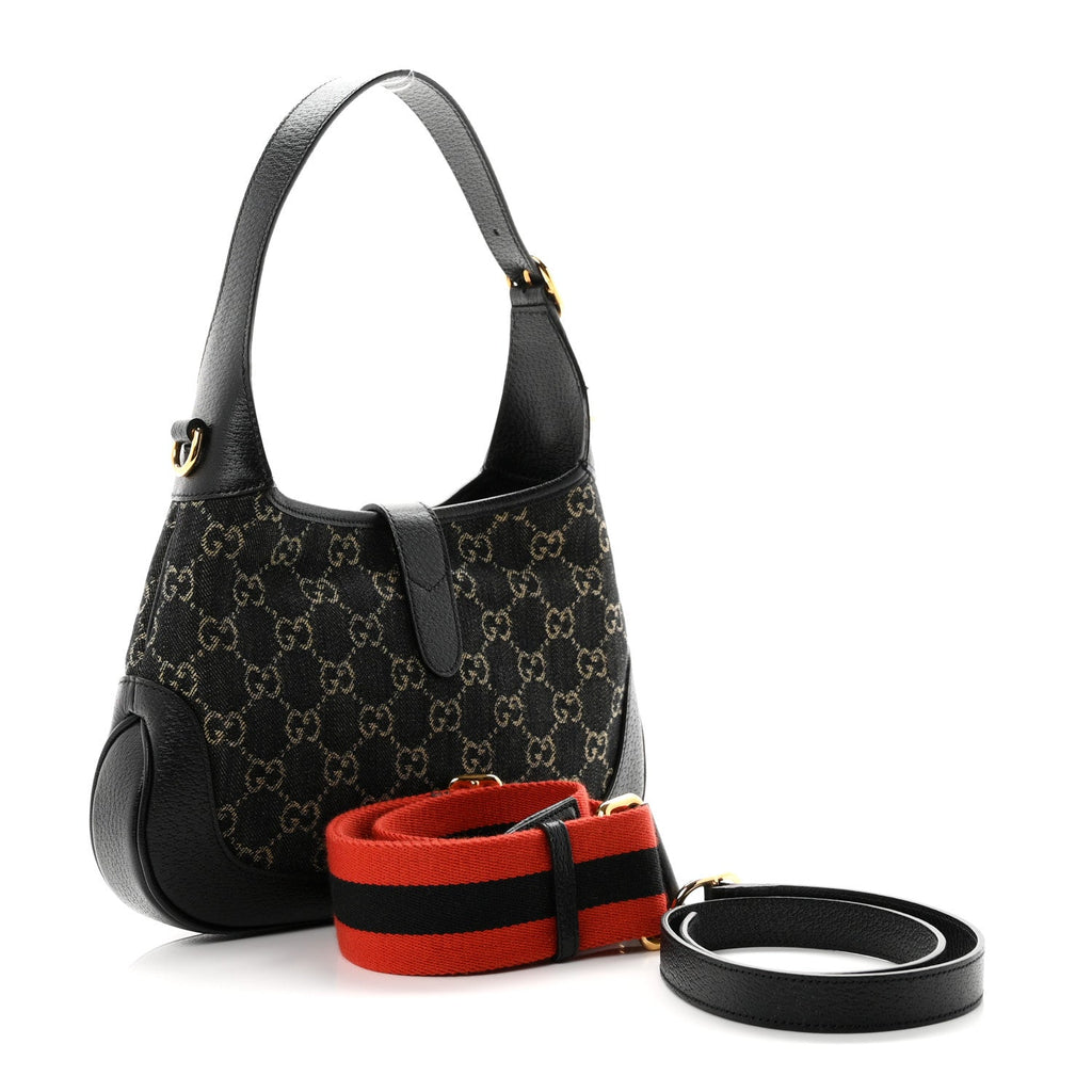 Gucci Jacquard Denim GG Monogram Small Jackie 1961 Hobo Black Ivory