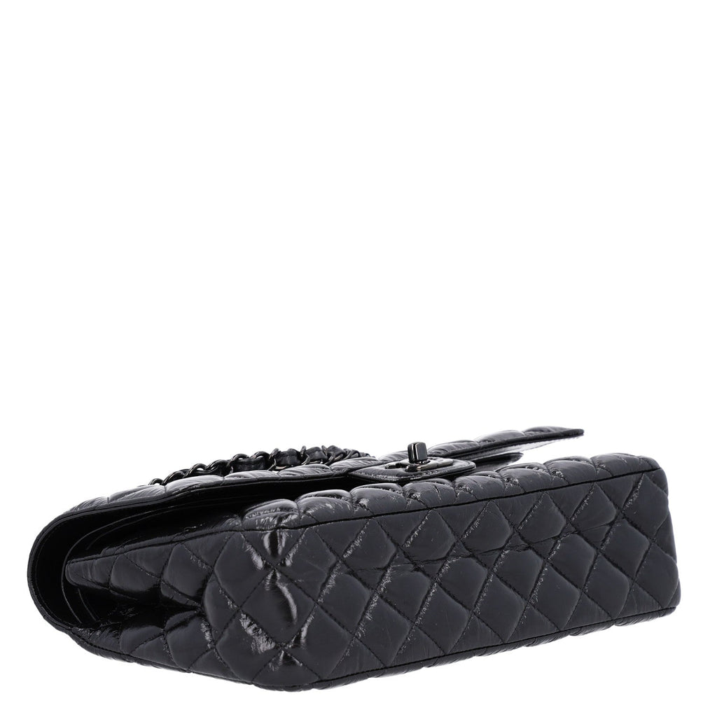 Chanel Shiny Crumpled Calfskin Quilted Medium Double Flap So Black