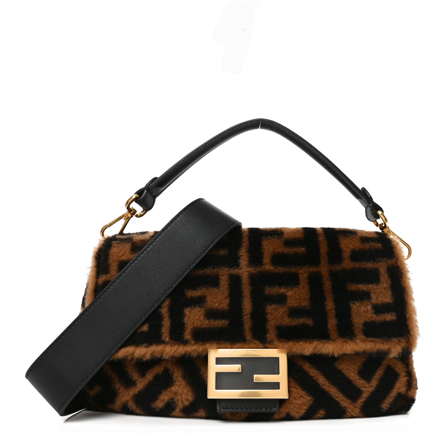 Fendi Shearling Vitello Dolce Macro FF 1974 Baguette Tobacco Black