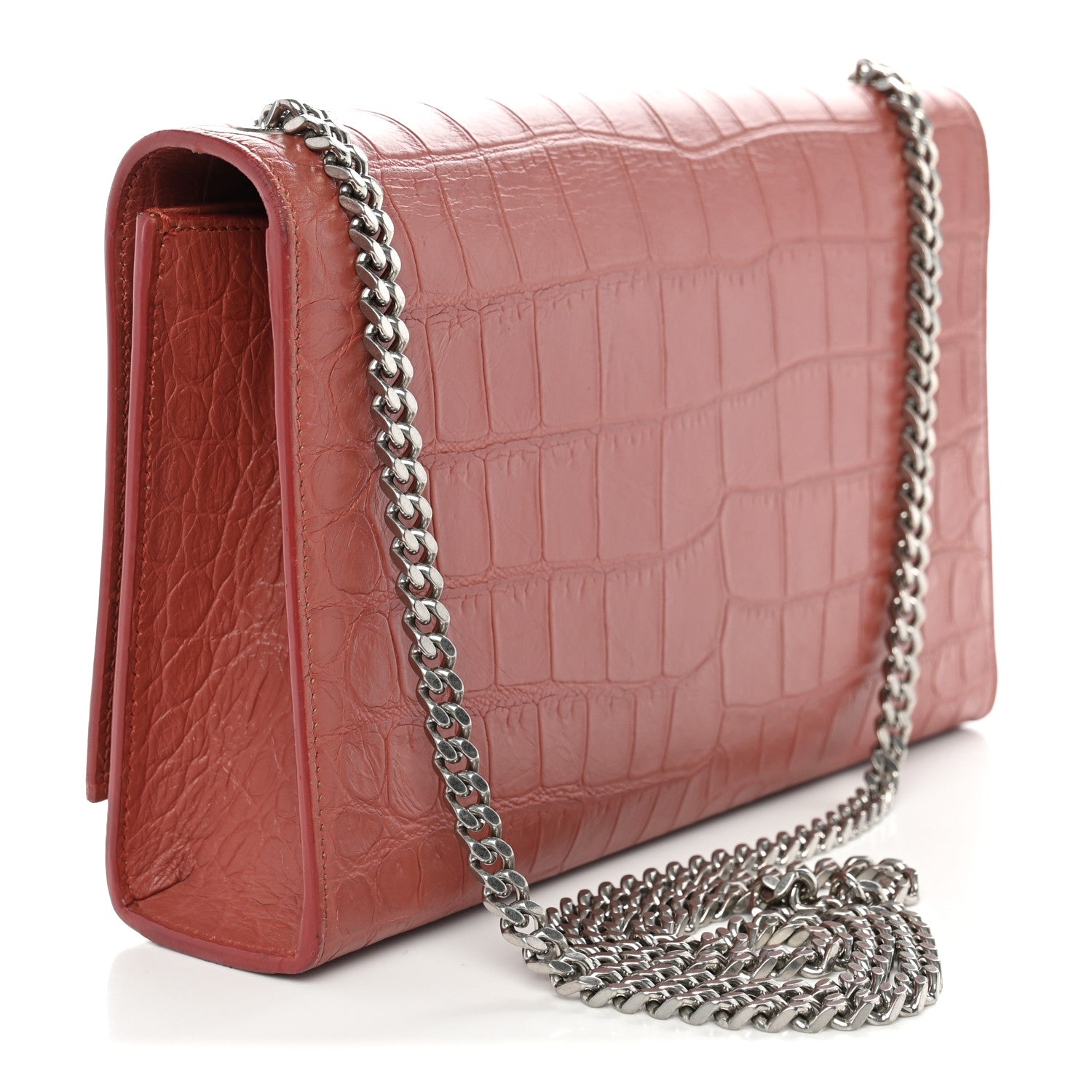 Saint Laurent Calfskin Crocodile Embossed Medium Classic Monogram Kate Tassel Satchel Pink
