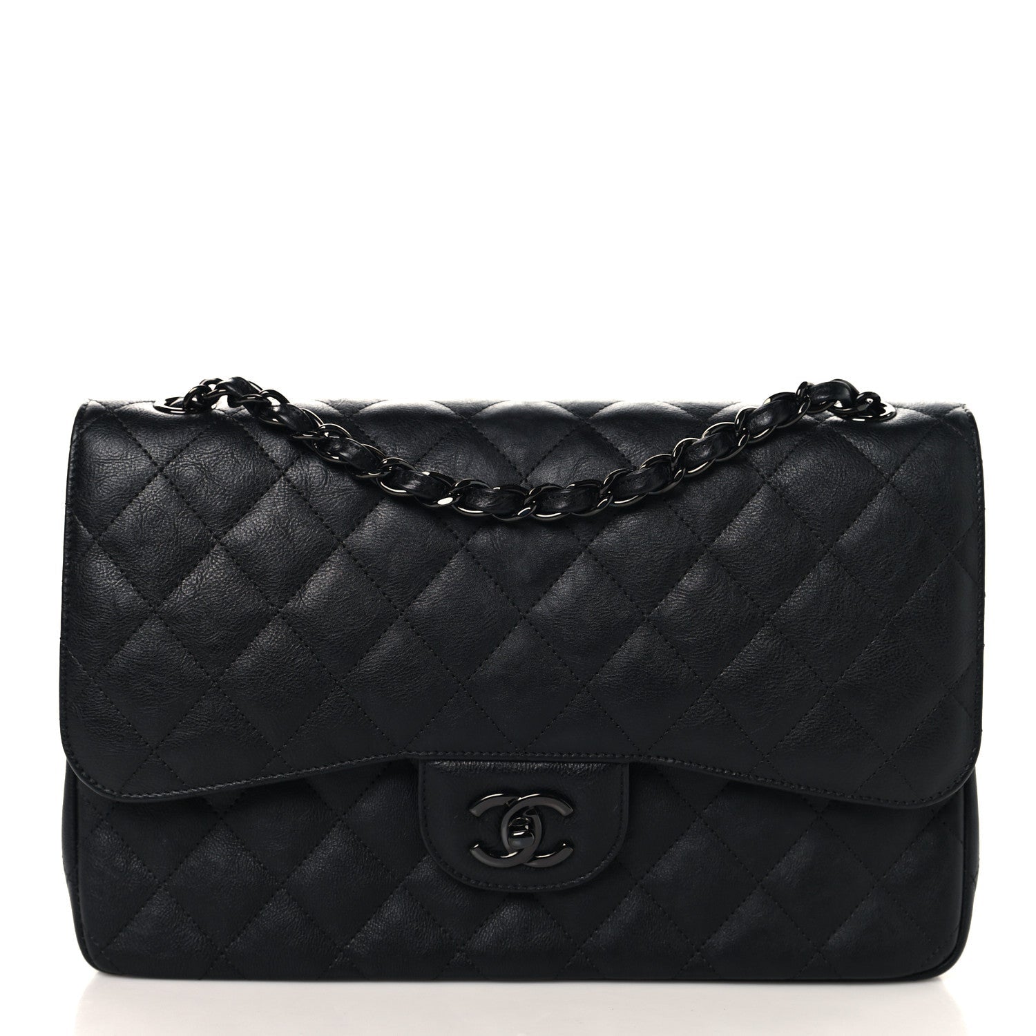 Chanel Crumpled Calfskin Quilted Jumbo Double Flap So Black