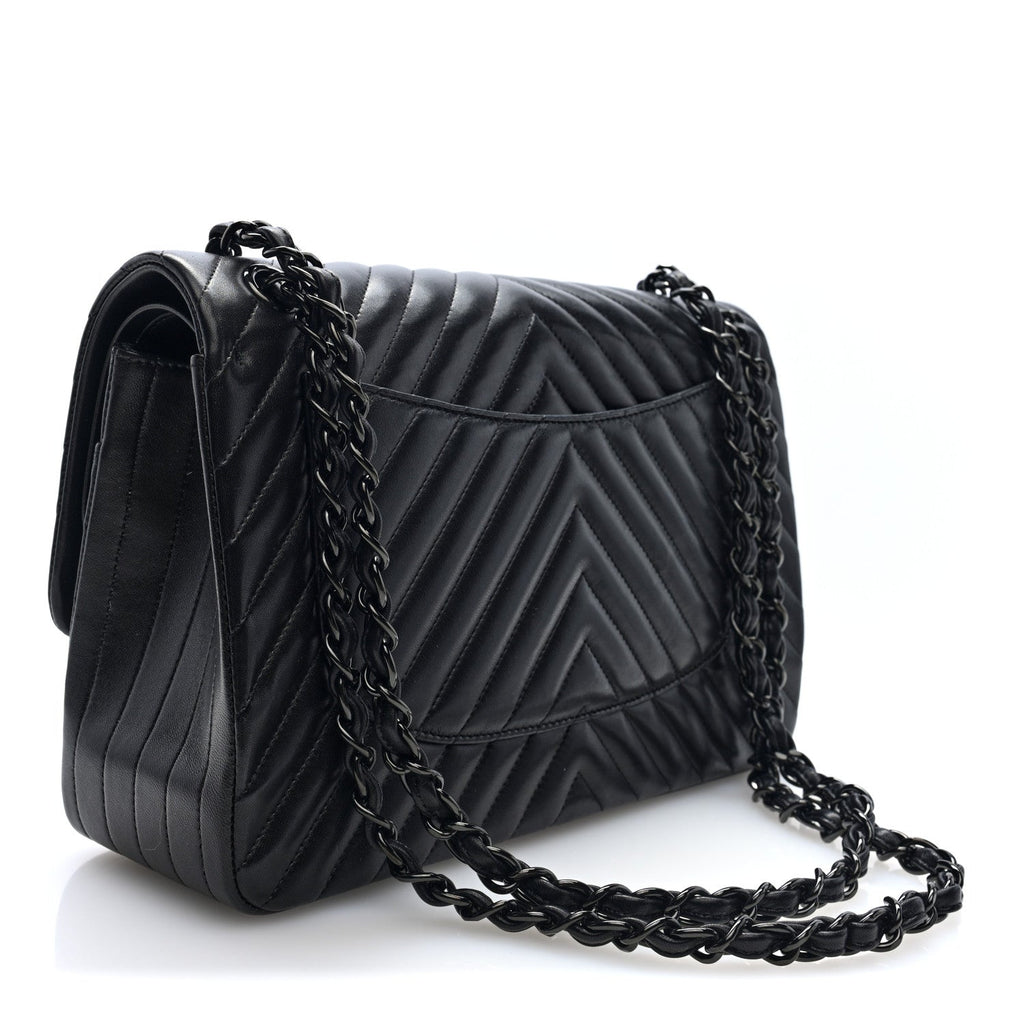 Chanel Lambskin Chevron Quilted Jumbo Double Flap So Black