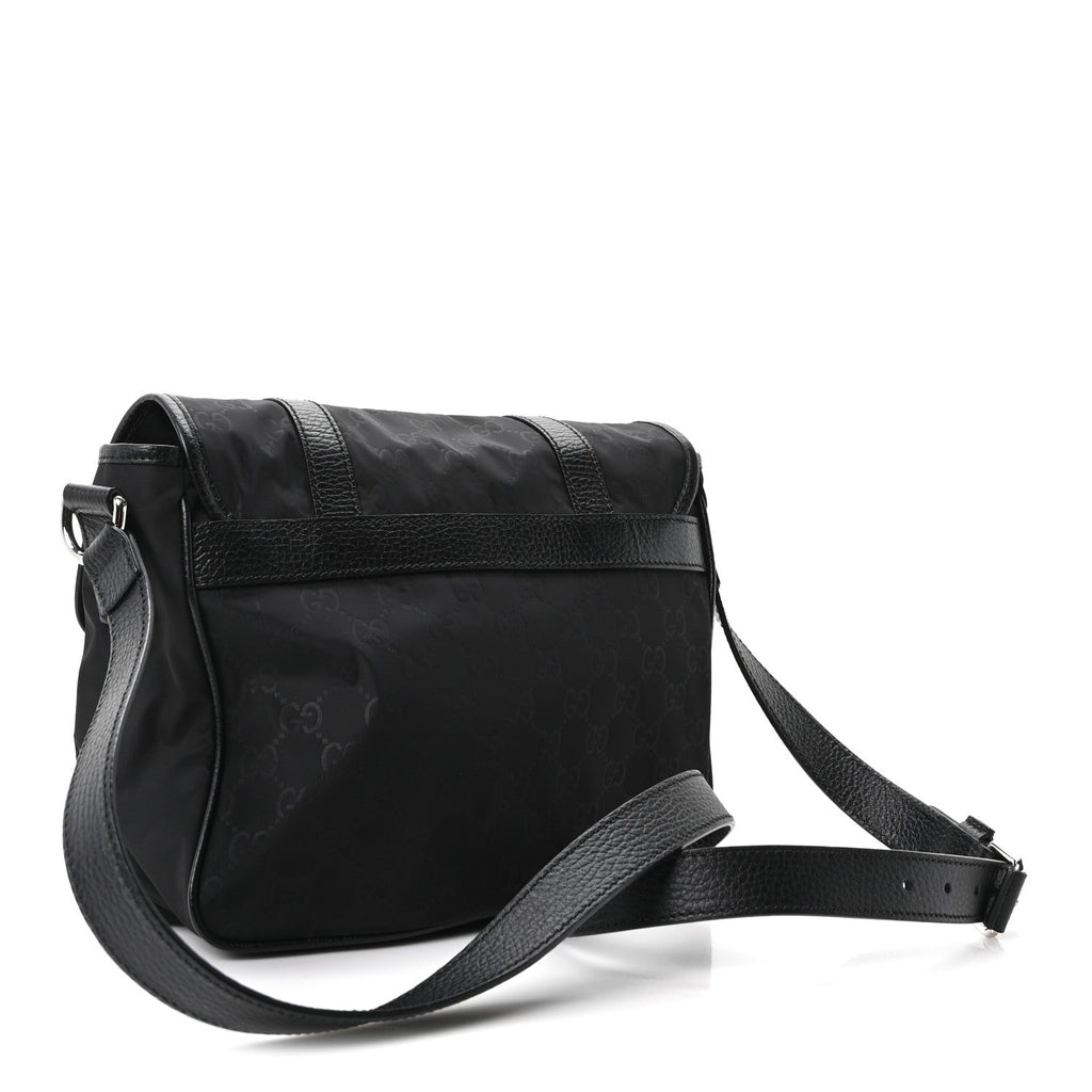 Gucci Nylon Monogram Double Buckle Flap Messenger Bag Black