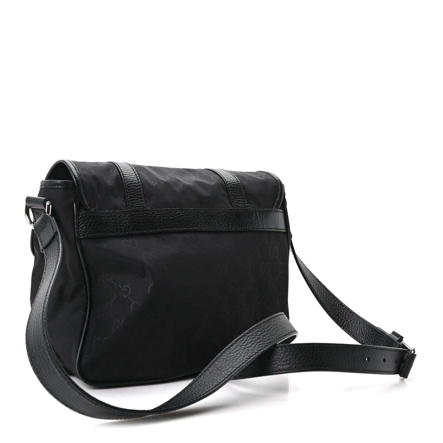 Gucci Nylon Monogram Double Buckle Flap Messenger Bag Black