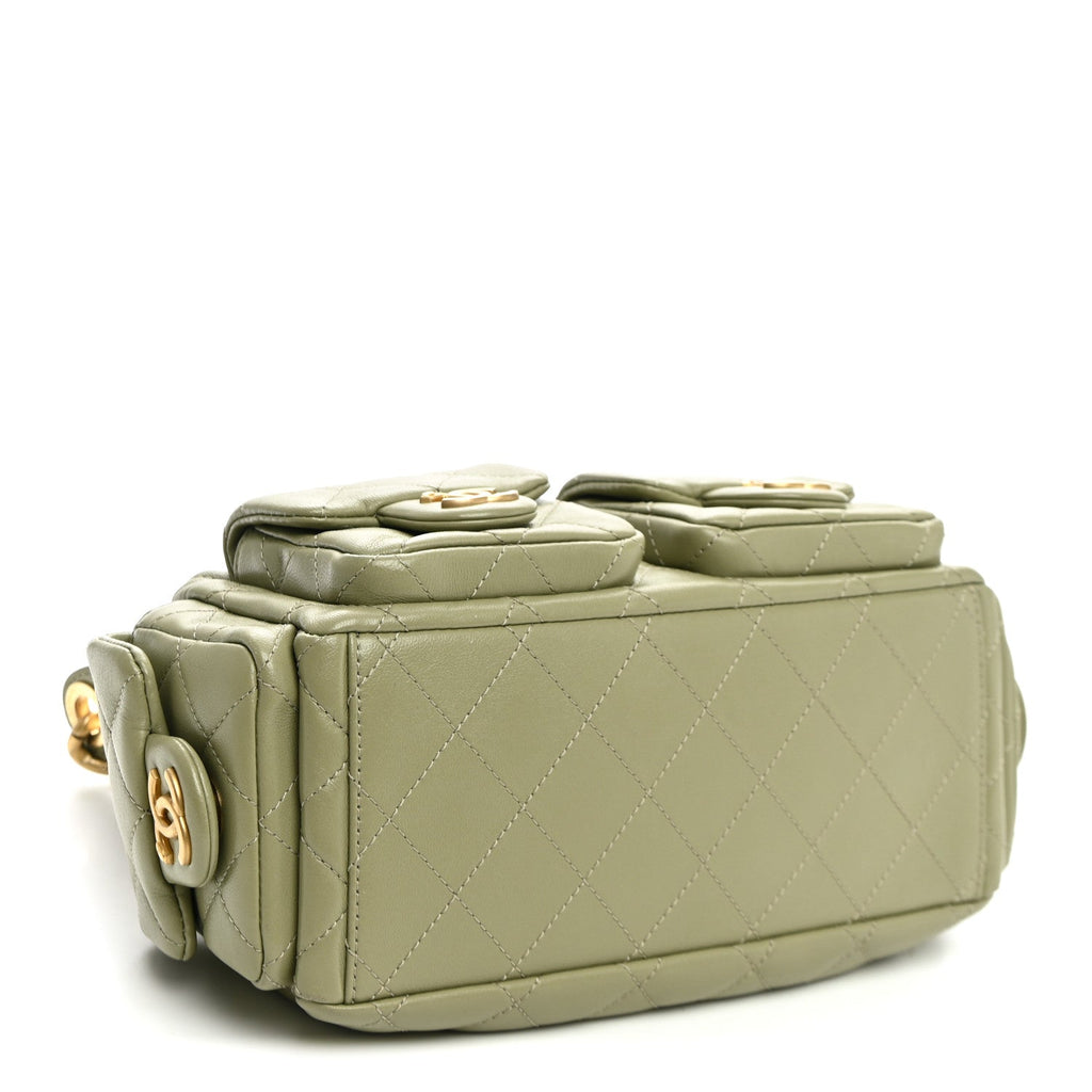 Chanel Shiny Lambskin Quilted Trendy Pockets Hobo Green
