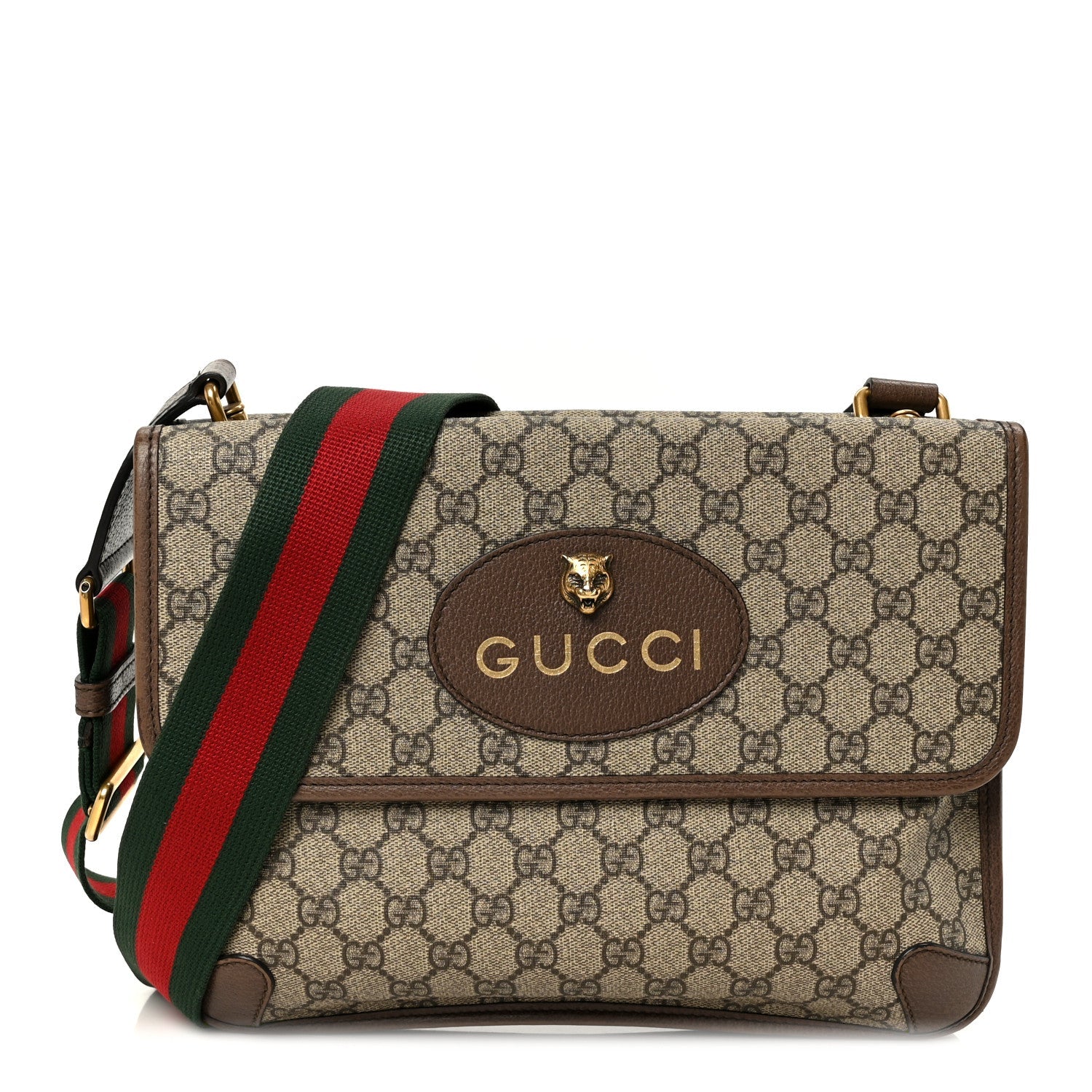 Gucci GG Supreme Monogram Web Small Neo Vintage Double Flap Messenger Bag Beige New Acero