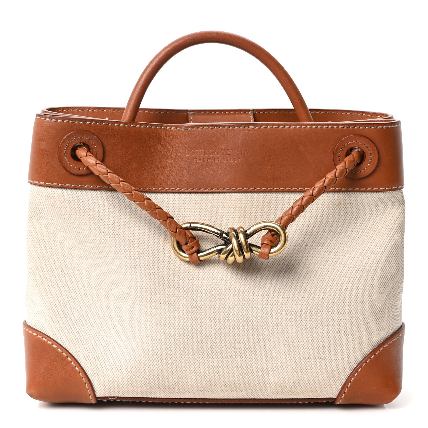 Bottega Veneta Washed Canvas Calfskin Small Andiamo Shoulder Bag Natural Light Wood