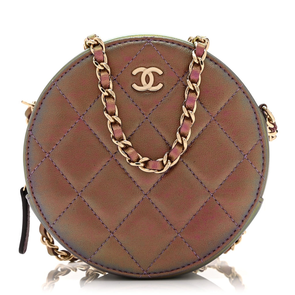 Chanel Iridescent Lambskin Quilted Round Clutch With Chain Purple
