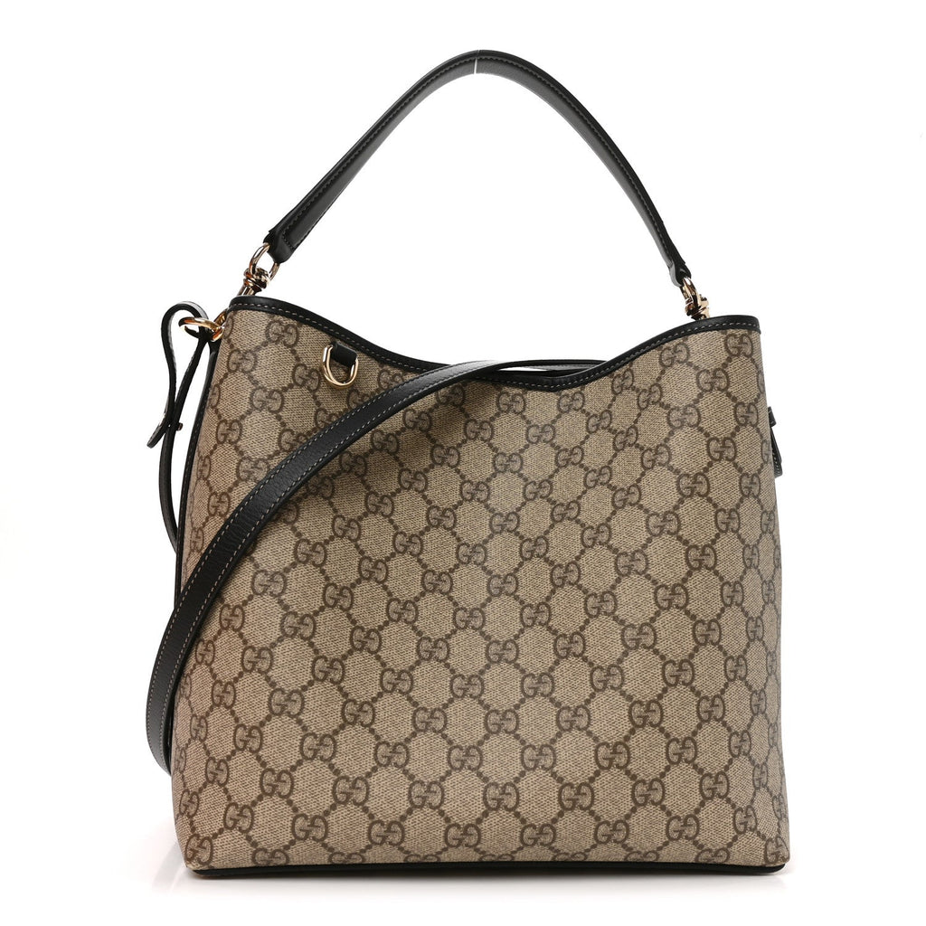 Gucci GG Supreme Monogram Medium Emblem Bucket Bag Beige Dark Brown Black