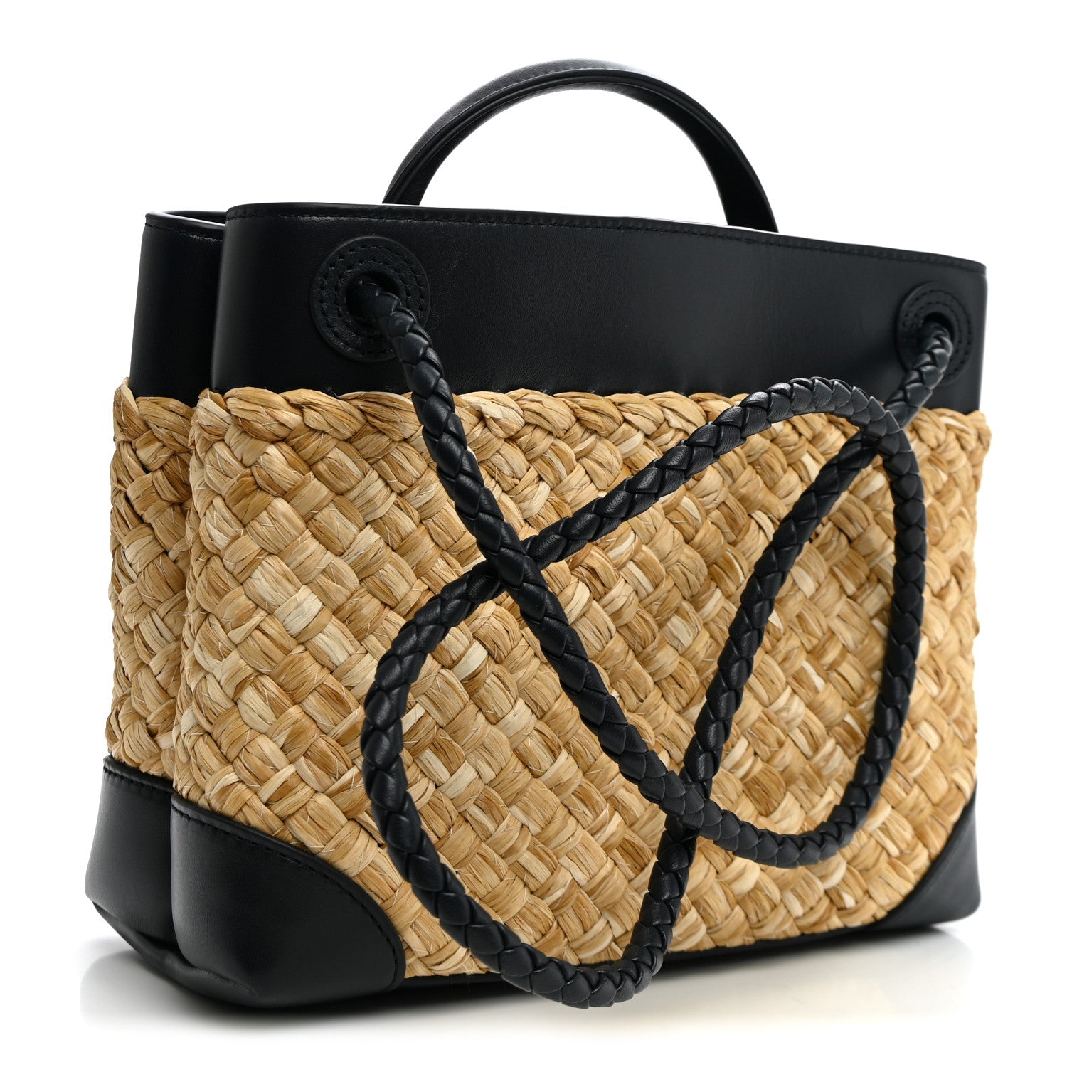 Bottega Veneta Raffia Lambskin Intrecciato Small Andiamo Shoulder Bag Natural Midnight