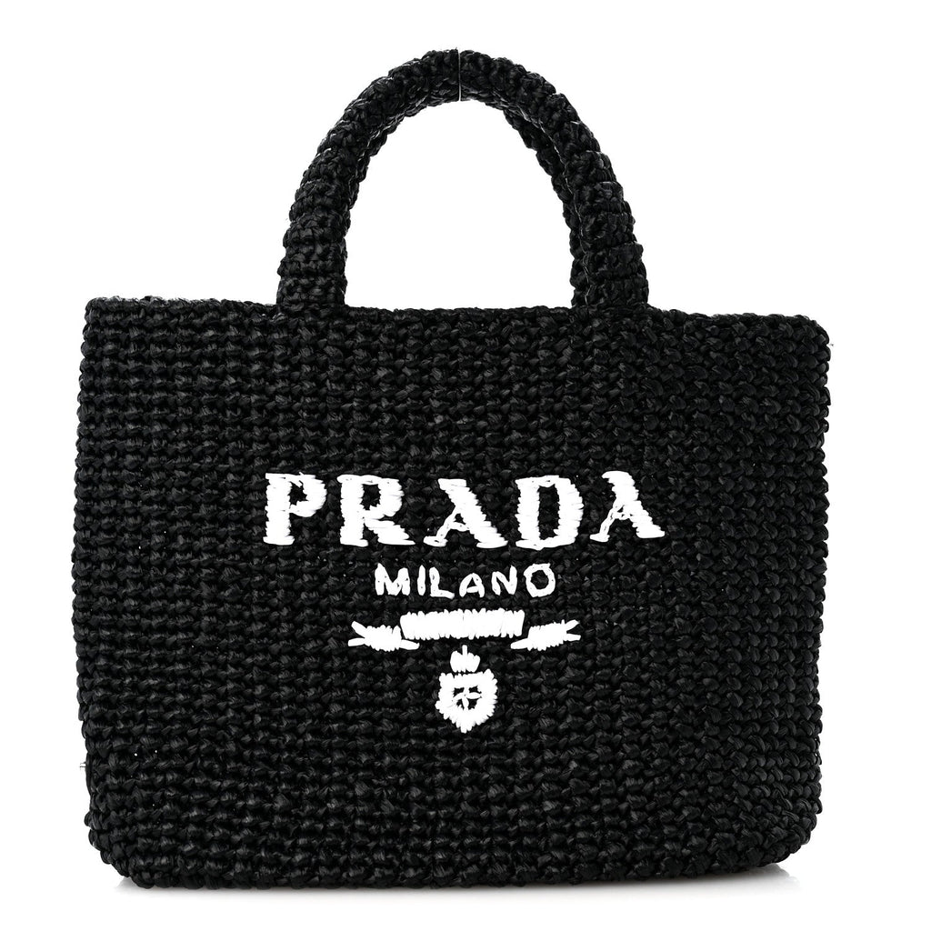 Prada Yarn Raffia Effect Crochet Small Logo Tote Black