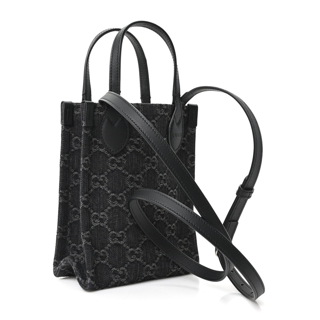 Gucci Denim Cuoio Harness GG Monogram Mini Ophidia Tote Bag Black Medium Grey