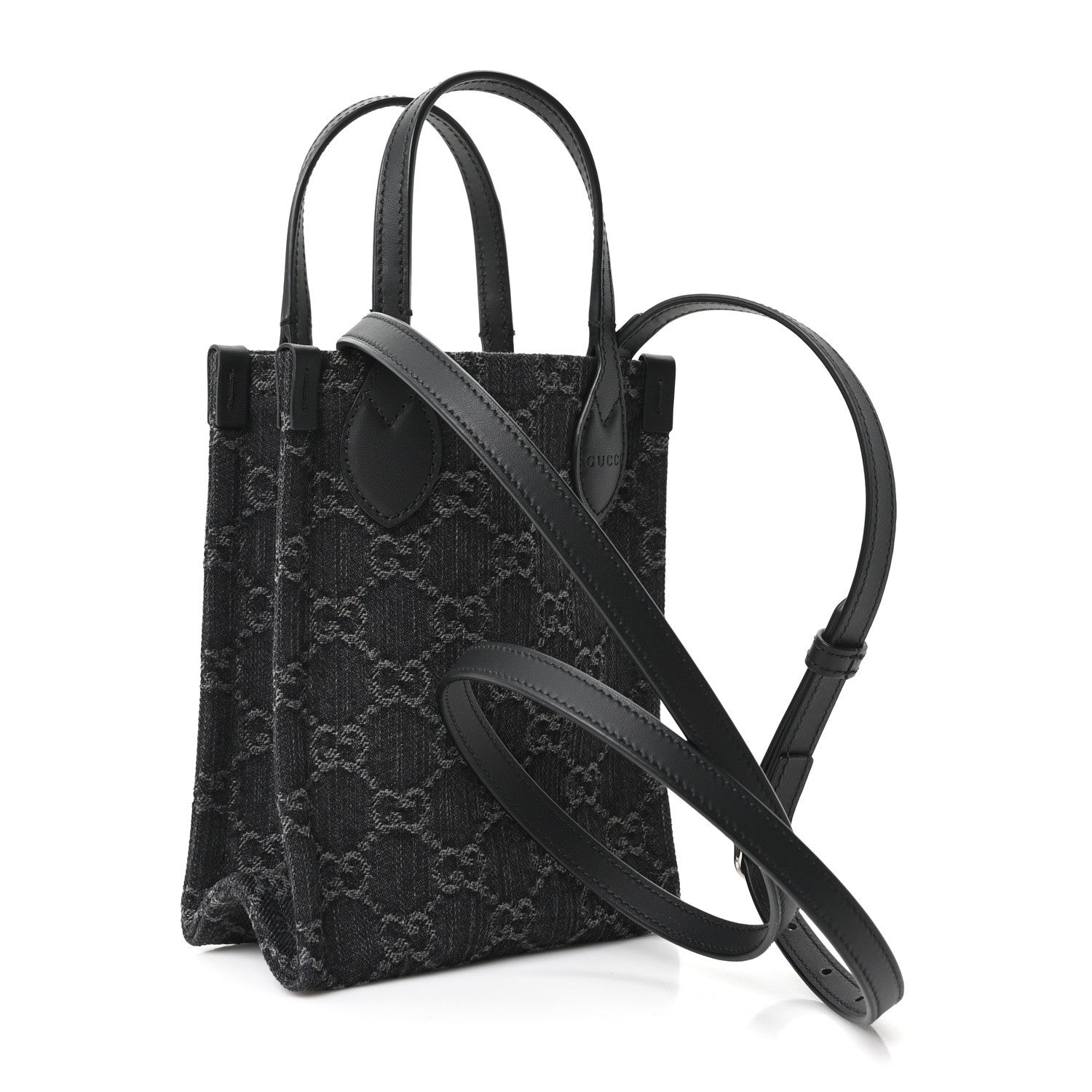 Gucci Denim Cuoio Harness GG Monogram Mini Ophidia Tote Bag Black Medium Grey